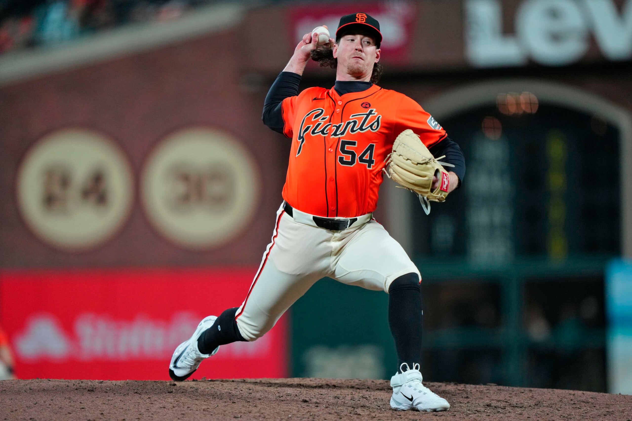 SAN FRANCISCO, CALIFORNIA - JULY 26: Mike Baumann #54 of the San Francisco Giants pitches at Oracle Park on July 26, 2024 in San Francisco, California. (Photo by Suzanna Mitchell/San Francisco Giants/Getty Images)