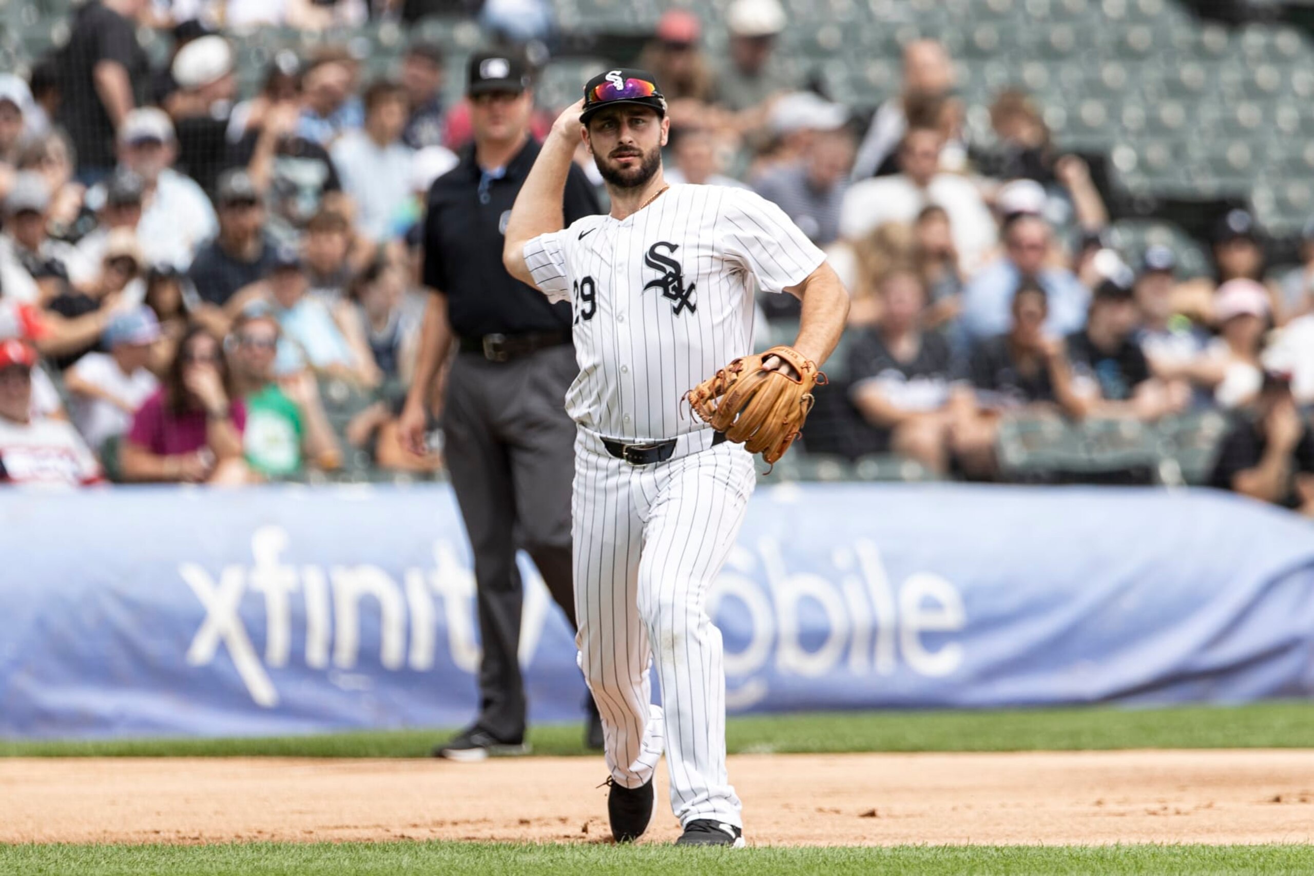 CHICAGO, ILLINOIS - JULY 28: Paul DeJong #29 of the Chicago White Sox throws towards first base for an out in the first inning against the Seattle Mariners at Guaranteed Rate Field on July 28, 2024 in Chicago, Illinois. (Photo by Griffin Quinn/Getty Images)