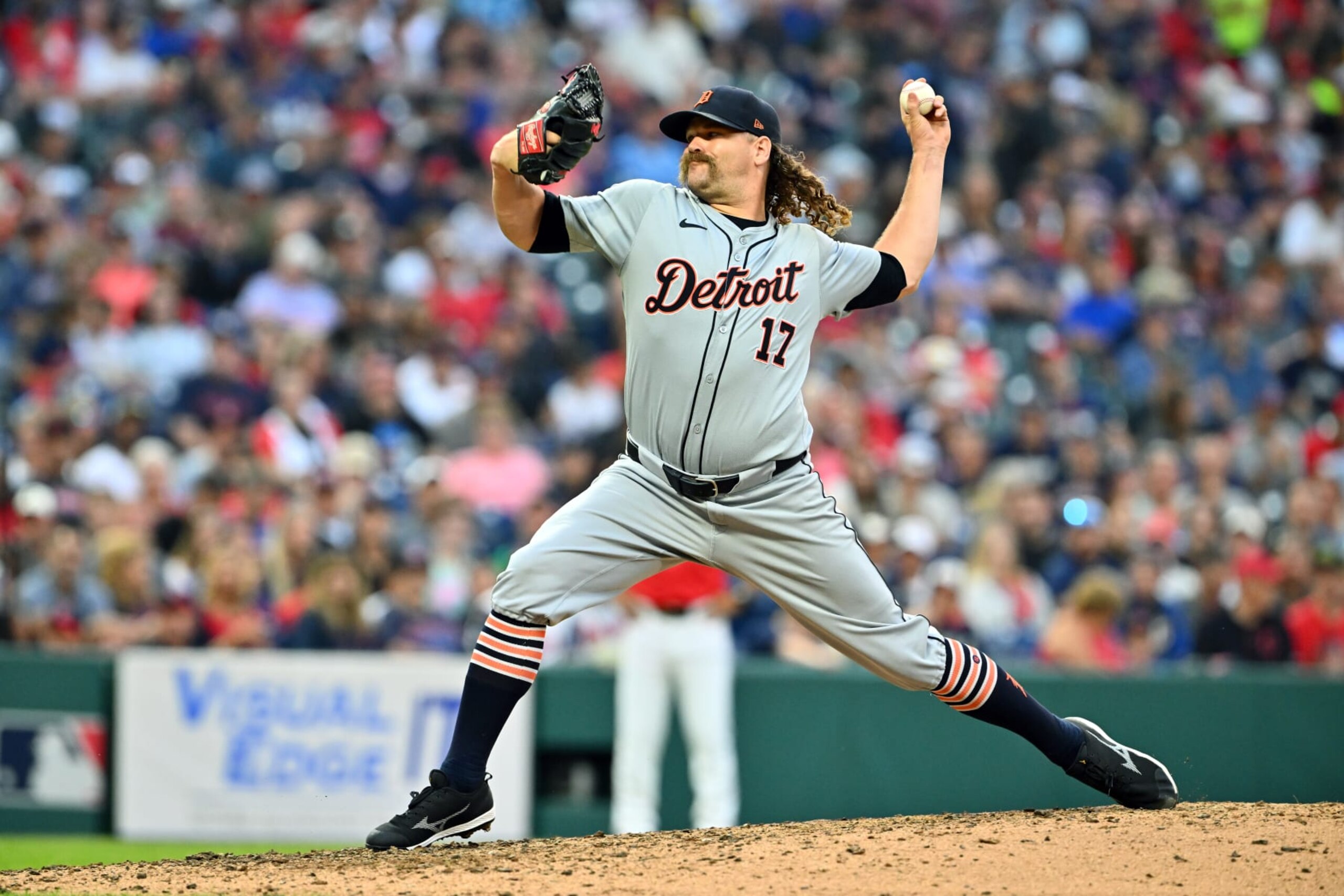 CLEVELAND, OHIO - JULY 24: Reliever Andrew Chafin #17 of the Detroit Tigers pitches in the eighth inning against the Cleveland Guardians at Progressive Field on July 24, 2024 in Cleveland, Ohio. (Photo by Jason Miller/Getty Images)