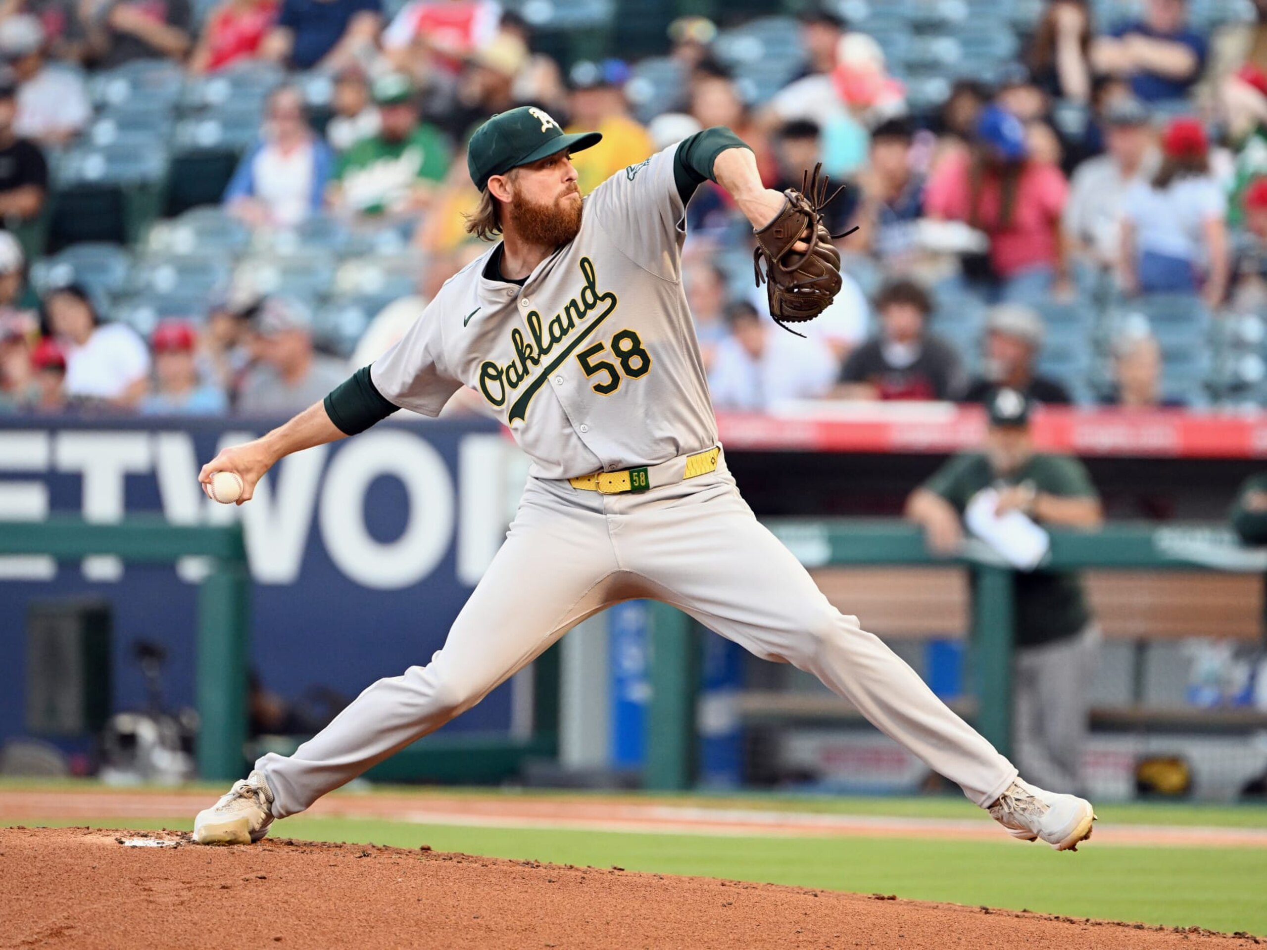 ANAHEIM, CA - JULY 26: Oakland Athletics pitcher Paul Blackburn (58) pitching during an MLB baseball game against the Los Angeles Angels played on July 26, 2024 at Angel Stadium in Anaheim. CA. (Photo by John Cordes/Icon Sportswire via Getty Images)