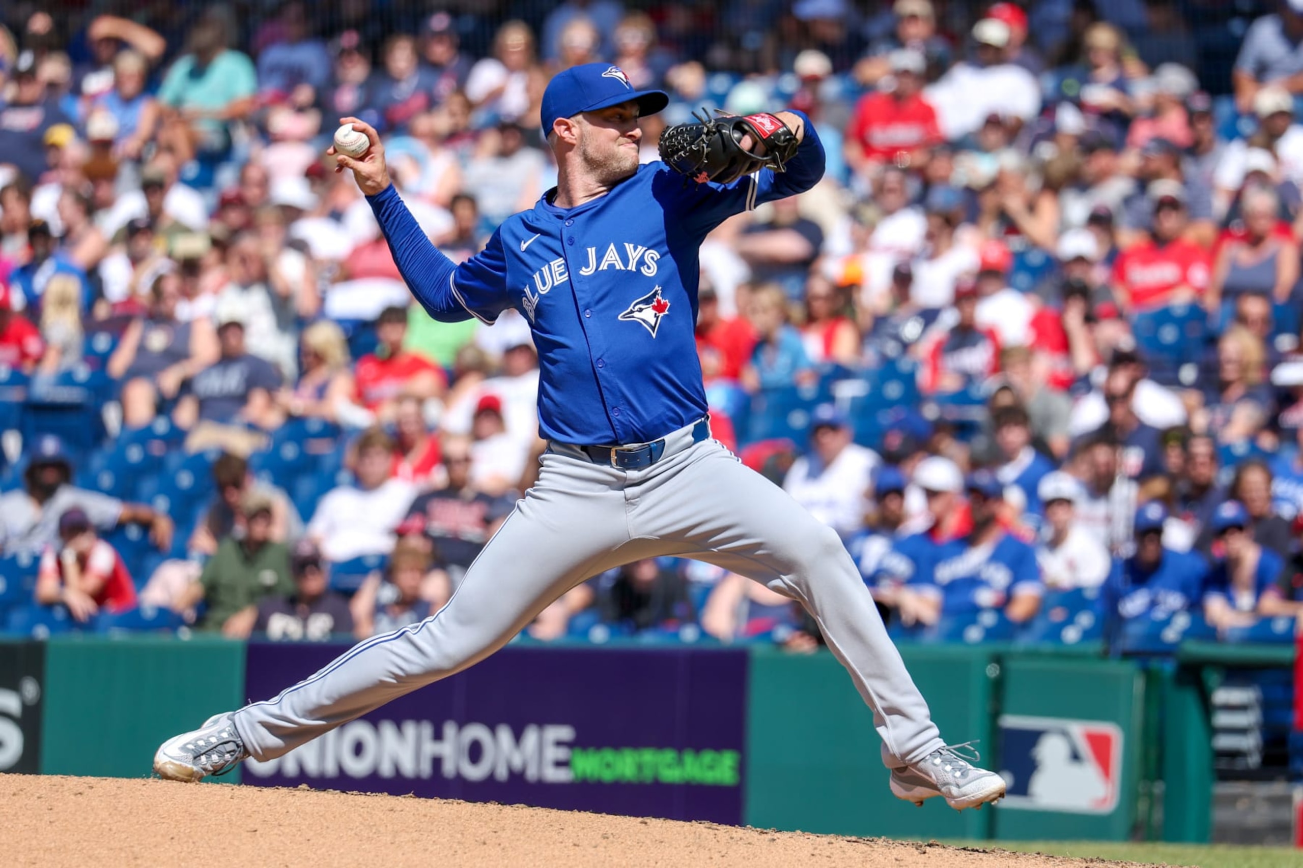 CLEVELAND, OH - JUNE 23: Toronto Blue Jays relief pitcher Trevor Richards (33) delivers a pitch to the plate during the fifth inning of the Major League Baseball game between the Toronto Blue Jays and Cleveland Guardians on June 23, 2024, at Progressive Field in Cleveland, OH. (Photo by Frank Jansky/Icon Sportswire via Getty Images)