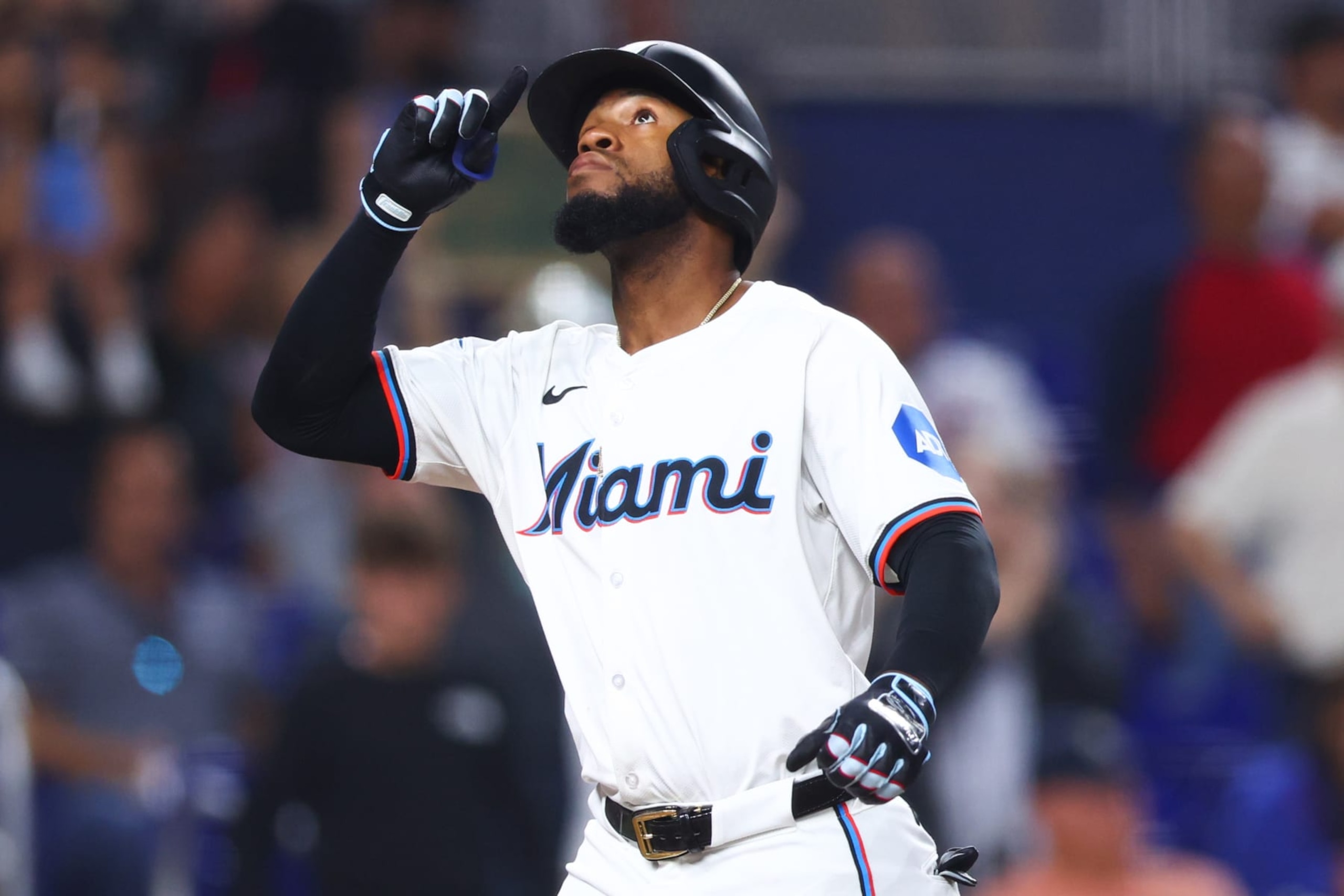 MIAMI, FLORIDA - JULY 22: Bryan De La Cruz #14 of the Miami Marlins celebrates after hitting a home run against the New York Mets during the seventh inning of the game at loanDepot park on July 22, 2024 in Miami, Florida. (Photo by Megan Briggs/Getty Images)