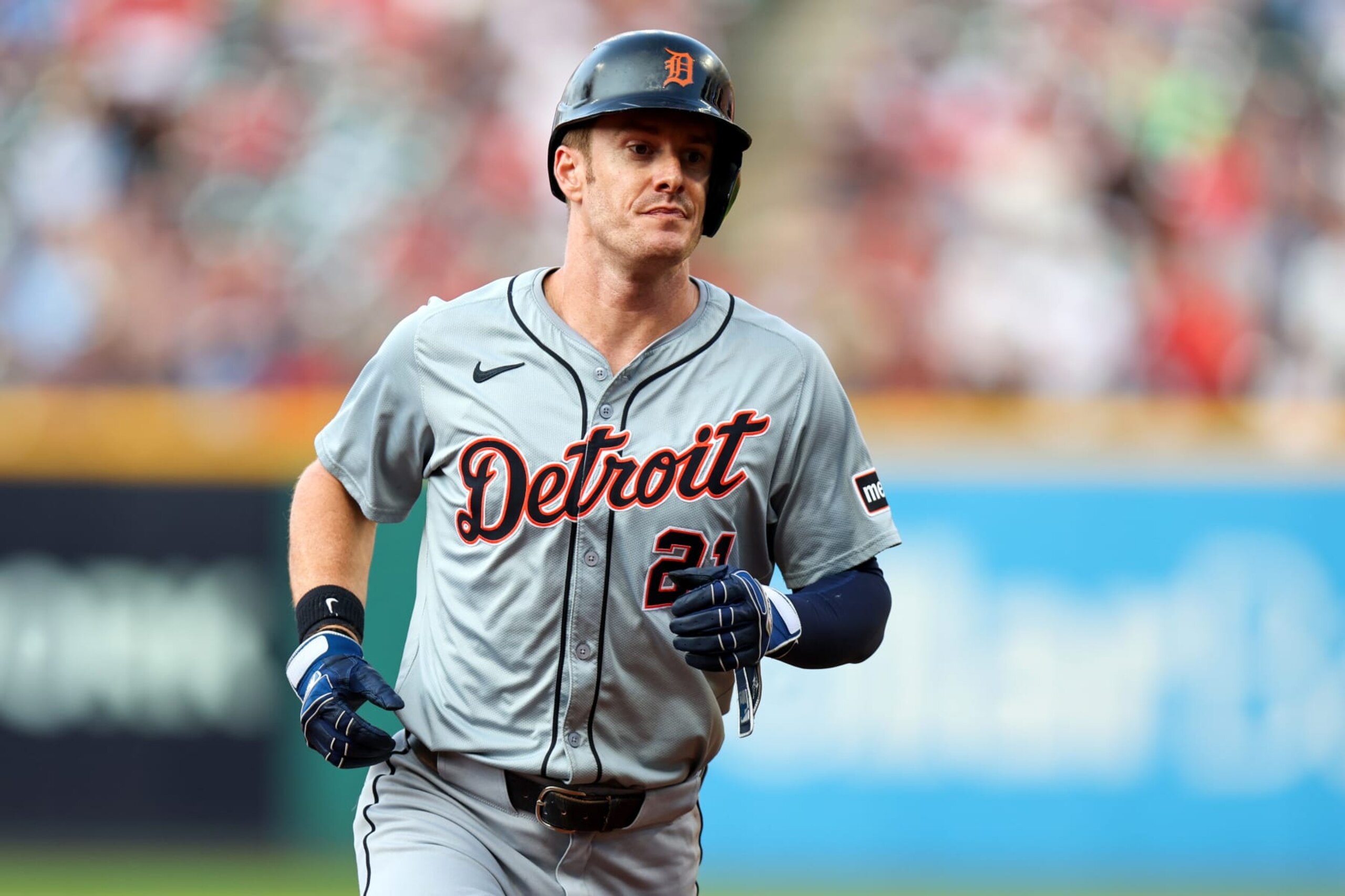 CLEVELAND, OH - JULY 23: Detroit Tigers designated hitter Mark Canha (21) rounds the bases as he scores on the home run hit by Detroit Tigers right fielder Wenceel Perez (46) (not pictured) during the fourth inning of the Major League Baseball game between the Detroit Tigers and Cleveland Guardians on July 23, 2024, at Progressive Field in Cleveland, OH. (Photo by Frank Jansky/Icon Sportswire via Getty Images)
