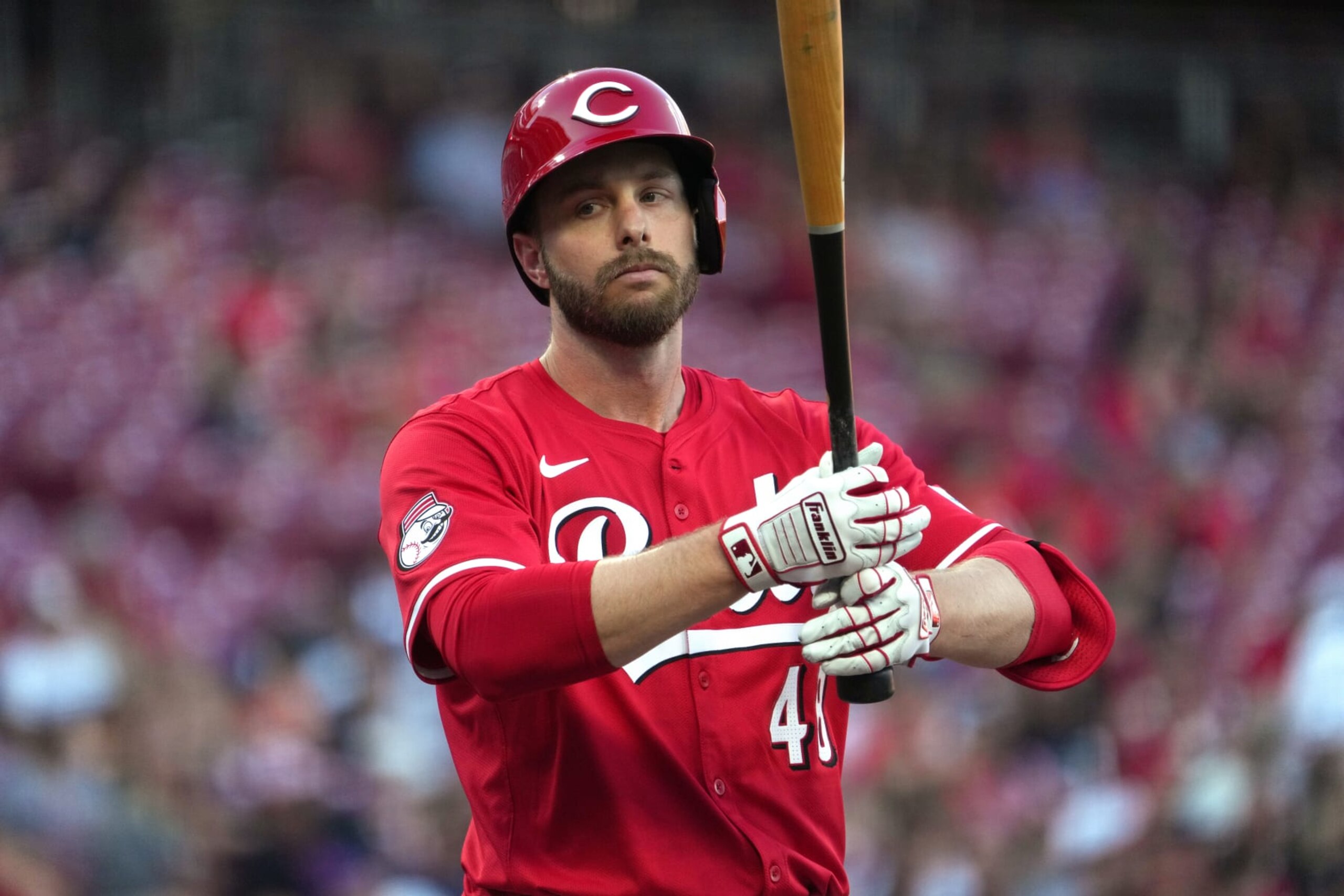 CINCINNATI, OHIO - JULY 10: Austin Slater #48 of the Cincinnati Reds batting during the game against the Colorado Rockies at Great American Ball Park on July 10, 2024 in Cincinnati, Ohio. (Photo by Jason Mowry/Getty Images)