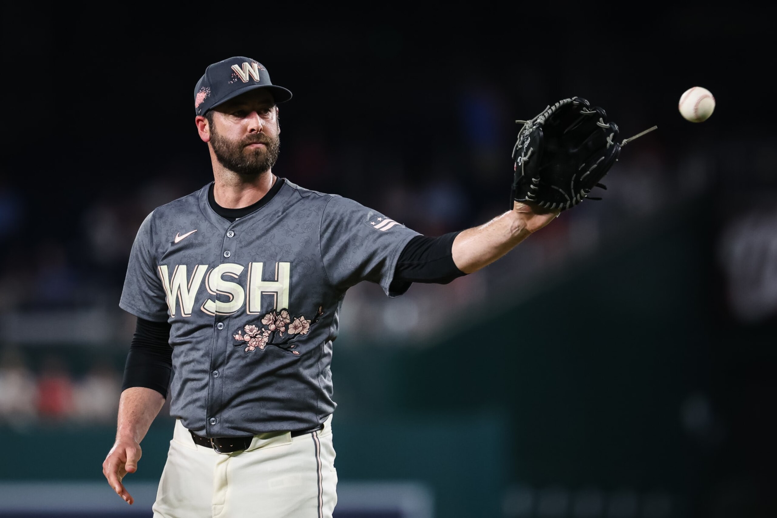 WASHINGTON, DC - JULY 05: Dylan Floro #44 of the Washington Nationals pitches against the St. Louis Cardinals during the tenth inning at Nationals Park on July 5, 2024 in Washington, DC. (Photo by Scott Taetsch/Getty Images)