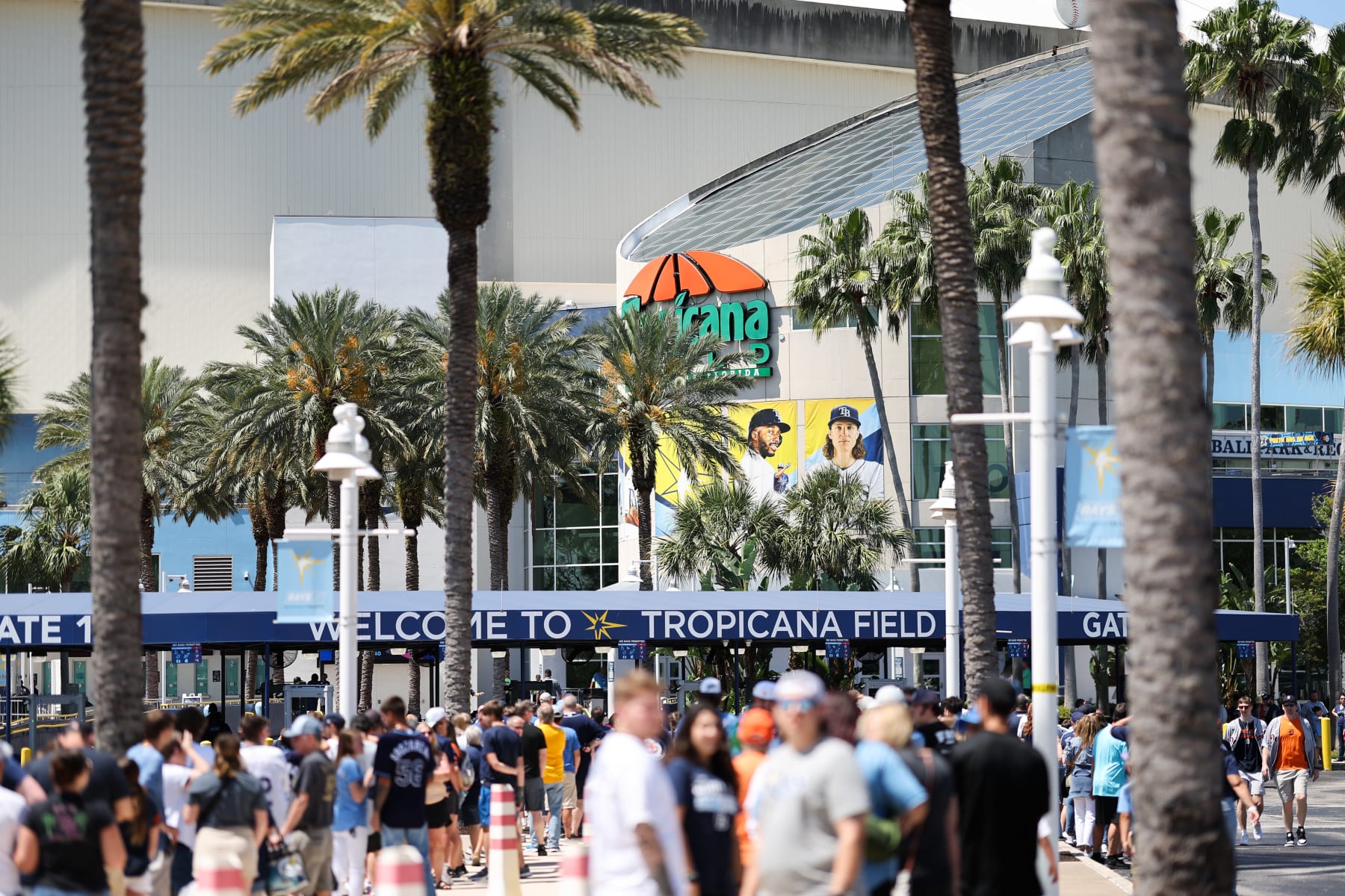 TAMPA, FL - MARCH 30:   Fans wait in line outside the stadium prior to the game between the Detroit Tigers and the Tampa Bay Rays at Tropicana Field on Thursday, March 30, 2023 in Tampa, Florida. (Photo by Mike Carlson/MLB Photos via Getty Images)