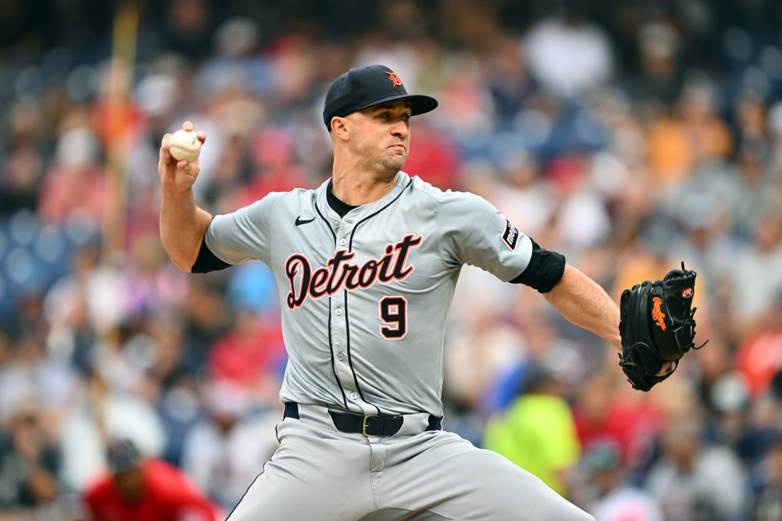 CLEVELAND, OHIO - JULY 24: Starting pitcher Jack Flaherty #9 of the Detroit Tigers pitches during the first inning against the Cleveland Guardians at Progressive Field on July 24, 2024 in Cleveland, Ohio. (Photo by Jason Miller/Getty Images) CLEVELAND, OHIO - JULY 24: Starting pitcher Jack Flaherty #9 of the Detroit Tigers pitches during the first inning against the Cleveland Guardians at Progressive Field on July 24, 2024 in Cleveland, Ohio. (Photo by Jason Miller/Getty Images)