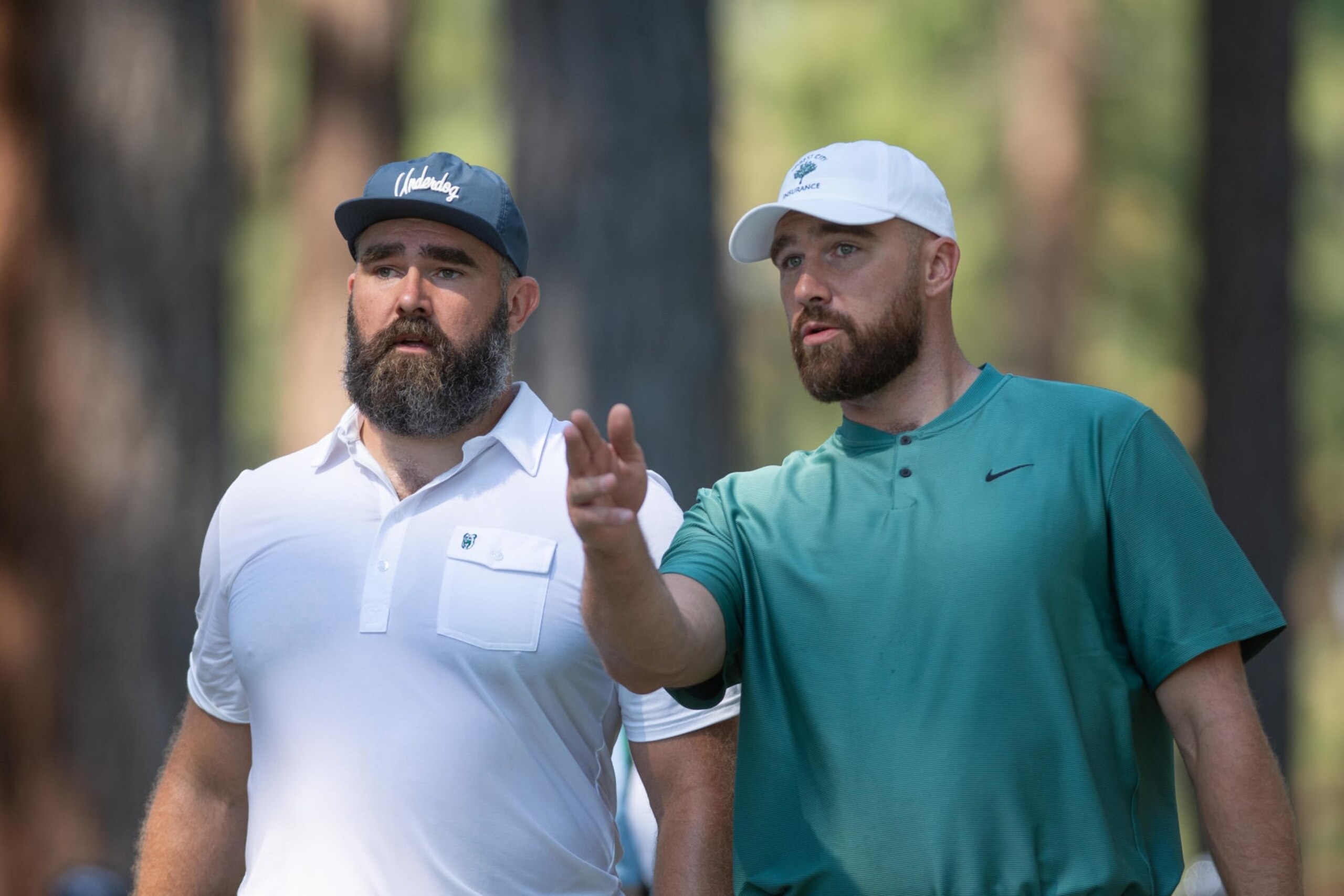 STATELINE, NEVADA - JULY 12: Travis Kelce and Jason Kelce during the ACC Celebrity Golf Championship presented by American Century Investments at Edgewood Tahoe Golf Course on July 12, 2024 in Stateline, Nevada.  (Photo by David Calvert/Getty Images for American Century Investments)