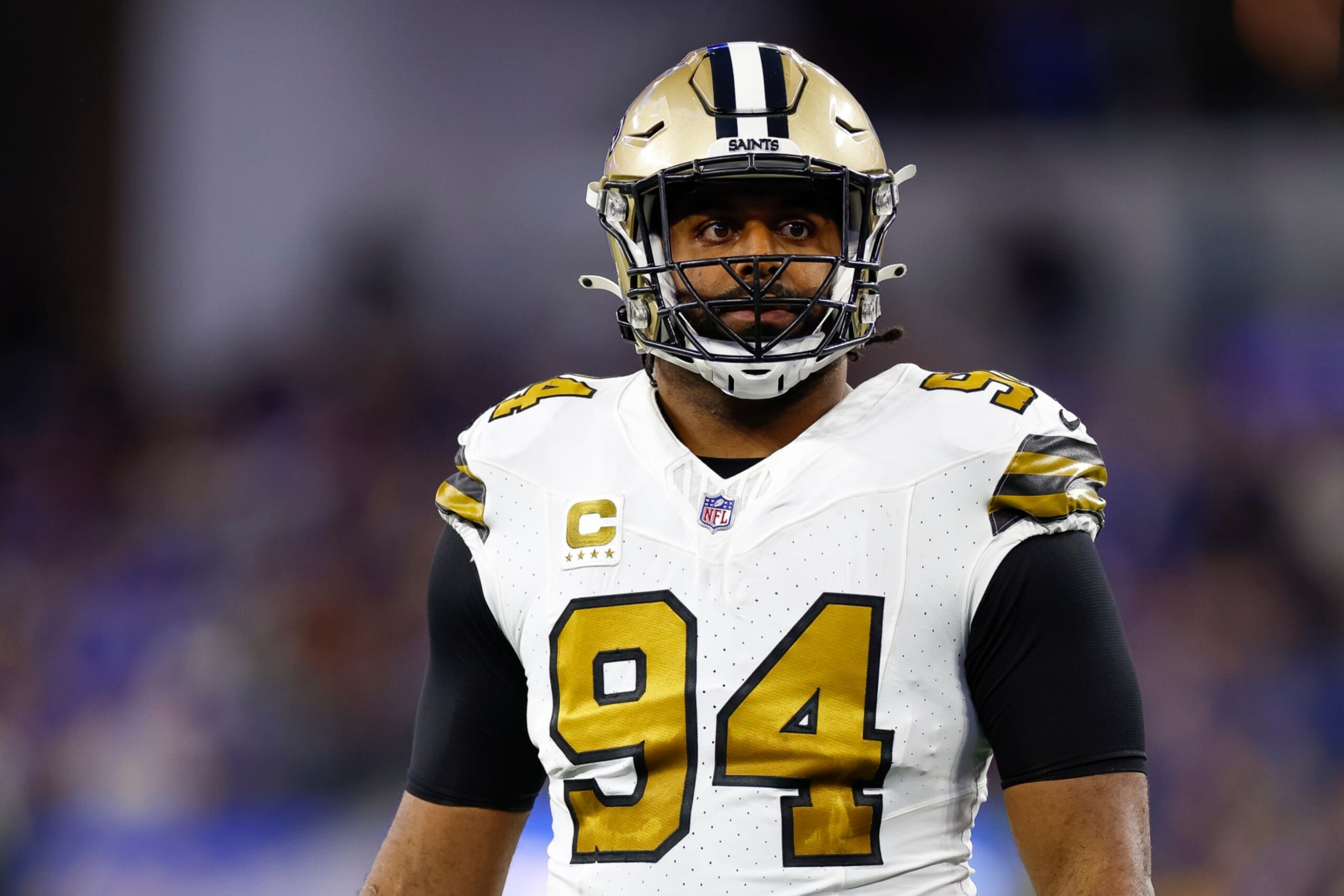 INGLEWOOD, CA - DECEMBER 21: New Orleans Saints defensive end Cameron Jordan (94) looks on during an NFL regular season game between the New Orleans Saints and the Los Angeles Rams on December 21, 2023, at SoFi Stadium in Inglewood, CA. (Photo by Brandon Sloter/Icon Sportswire via Getty Images)