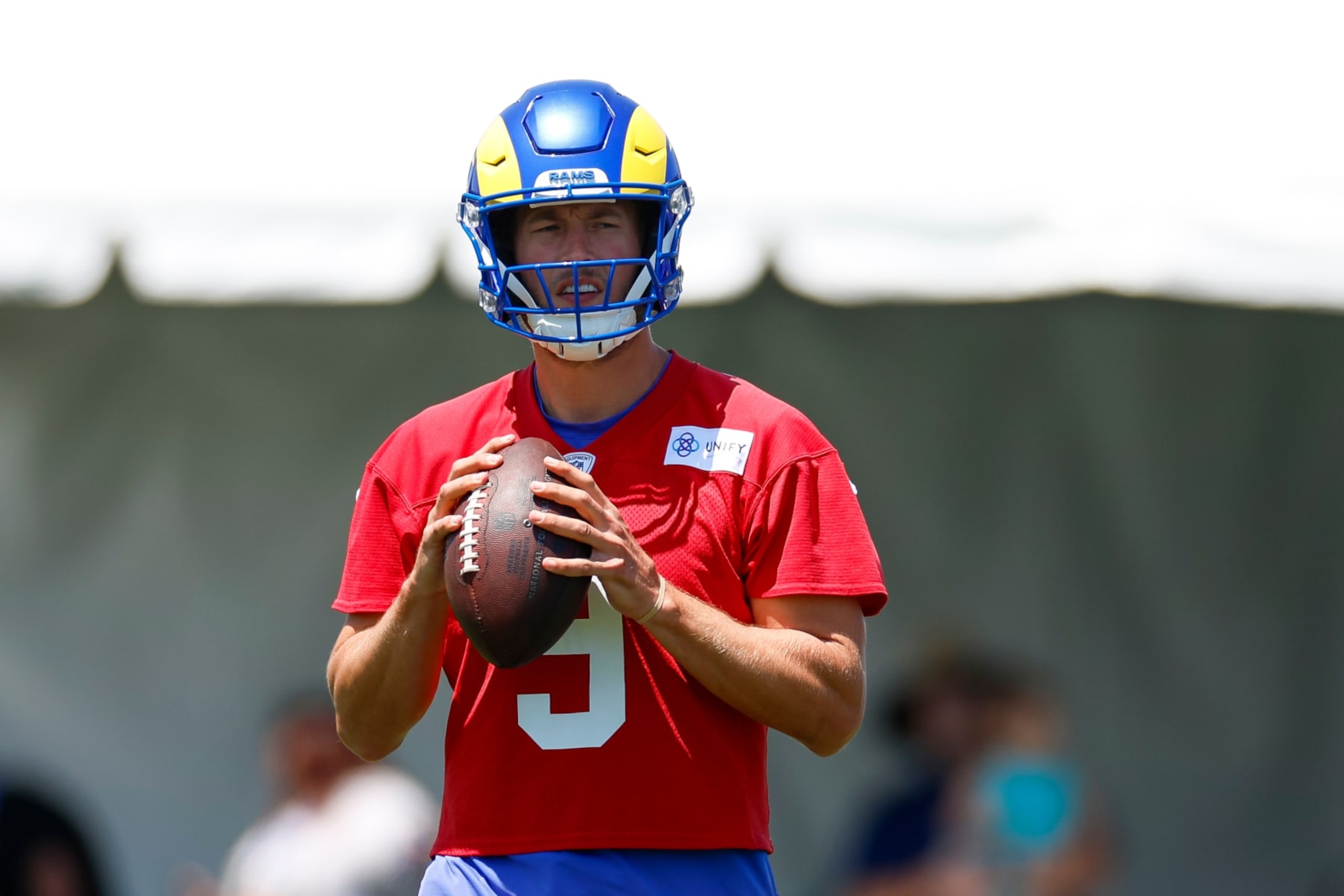 LOS ANGELES, CA - JULY 26: Los Angeles Rams quarterback Matthew Stafford (9) participates in a drill during the team's training camp at Loyola Marymount University on July 26, 2024 in Los Angeles, CA. (Photo by Brandon Sloter/Icon Sportswire via Getty Images)