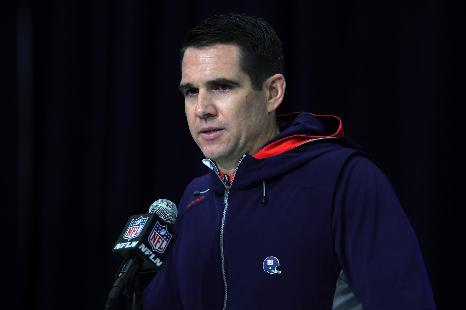 INDIANAPOLIS, INDIANA - FEBRUARY 27: General manager Joe Schoen of the New York Giants speaks to the media during the NFL Combine at the Indiana Convention Center on February 27, 2024 in Indianapolis, Indiana. (Photo by Stacy Revere/Getty Images)