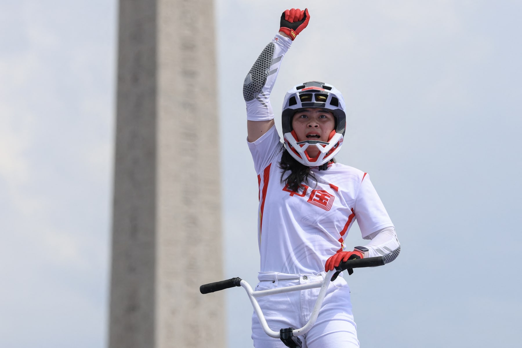 TOPSHOT - China's Deng Yawen reacts during the Women's Cycling BMX Freestyle Park Final during the Paris 2024 Olympic Games in Paris, on July 31, 2024. (Photo by Emmanuel DUNAND / AFP) (Photo by EMMANUEL DUNAND/AFP via Getty Images)