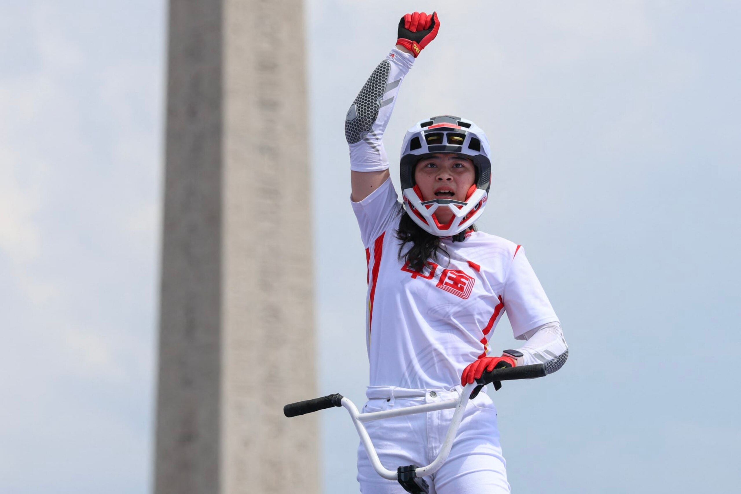 TOPSHOT - China's Deng Yawen reacts during the Women's Cycling BMX Freestyle Park Final during the Paris 2024 Olympic Games in Paris, on July 31, 2024. (Photo by Emmanuel DUNAND / AFP) (Photo by EMMANUEL DUNAND/AFP via Getty Images)