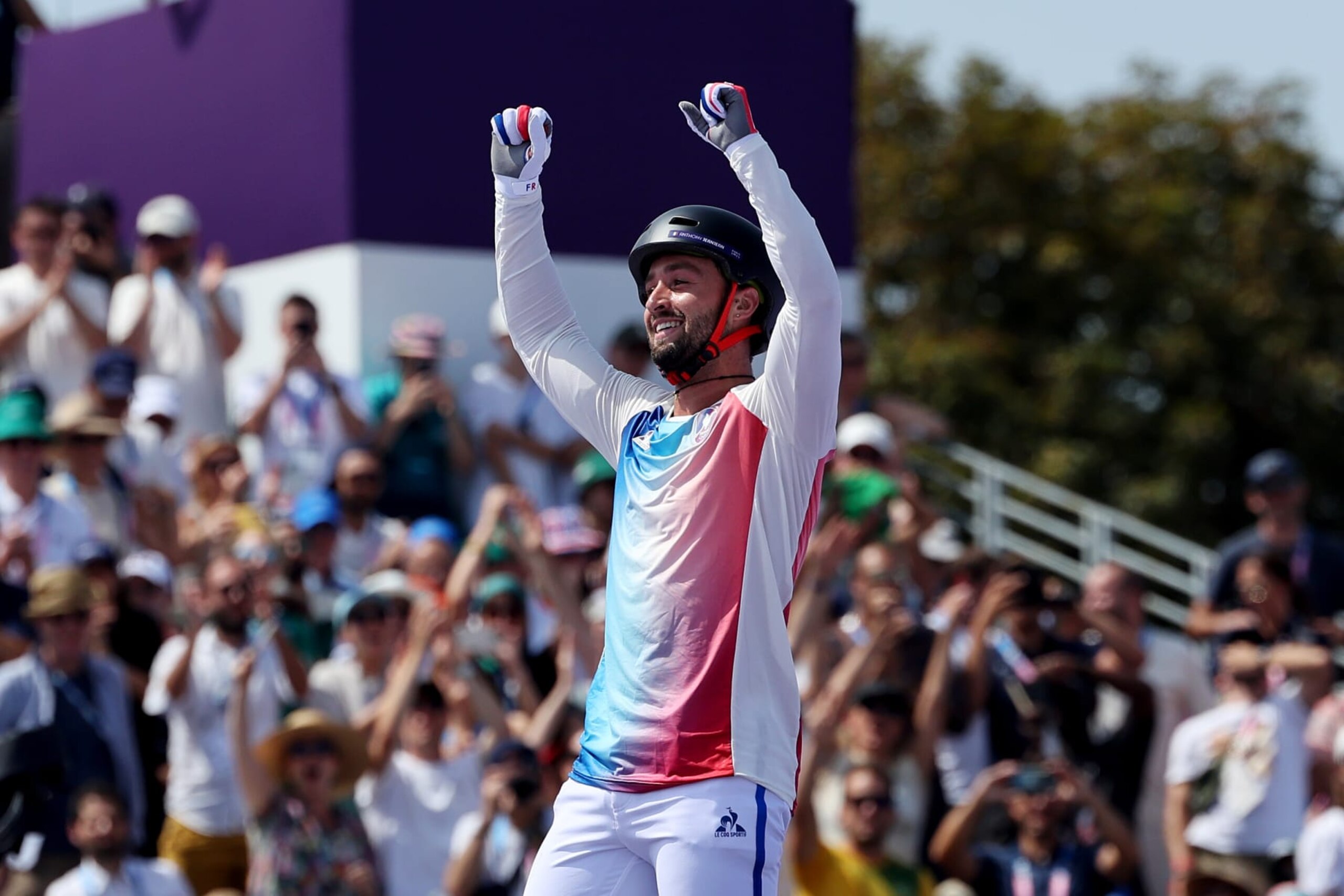 PARIS, FRANCE - JULY 31: Anthony Jeanjean of Team France celebrates during the BMX Freestyle Men's Park Final - Round 2 on day five of the Olympic Games Paris 2024 at Place de la Concorde on July 31, 2024 in Paris, France. (Photo by Tim de Waele/Getty Images)
