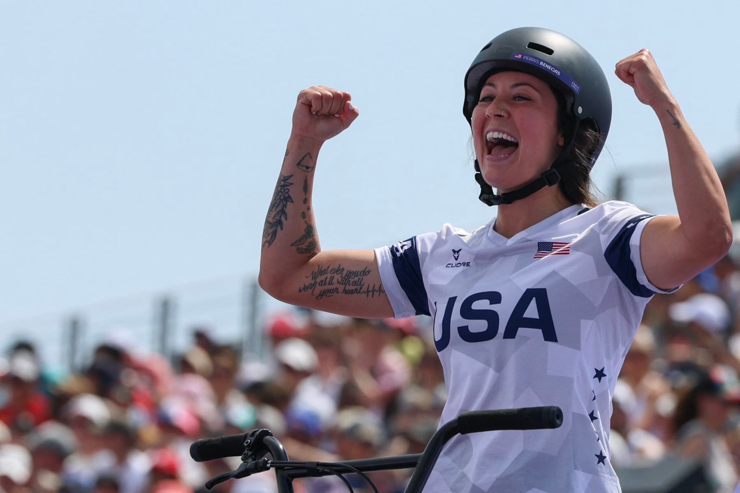US' Perris Benegas reacts during the Women's Cycling BMX Freestyle Park Final during the Paris 2024 Olympic Games in Paris, on July 31, 2024. (Photo by Emmanuel DUNAND / AFP) (Photo by EMMANUEL DUNAND/AFP via Getty Images)