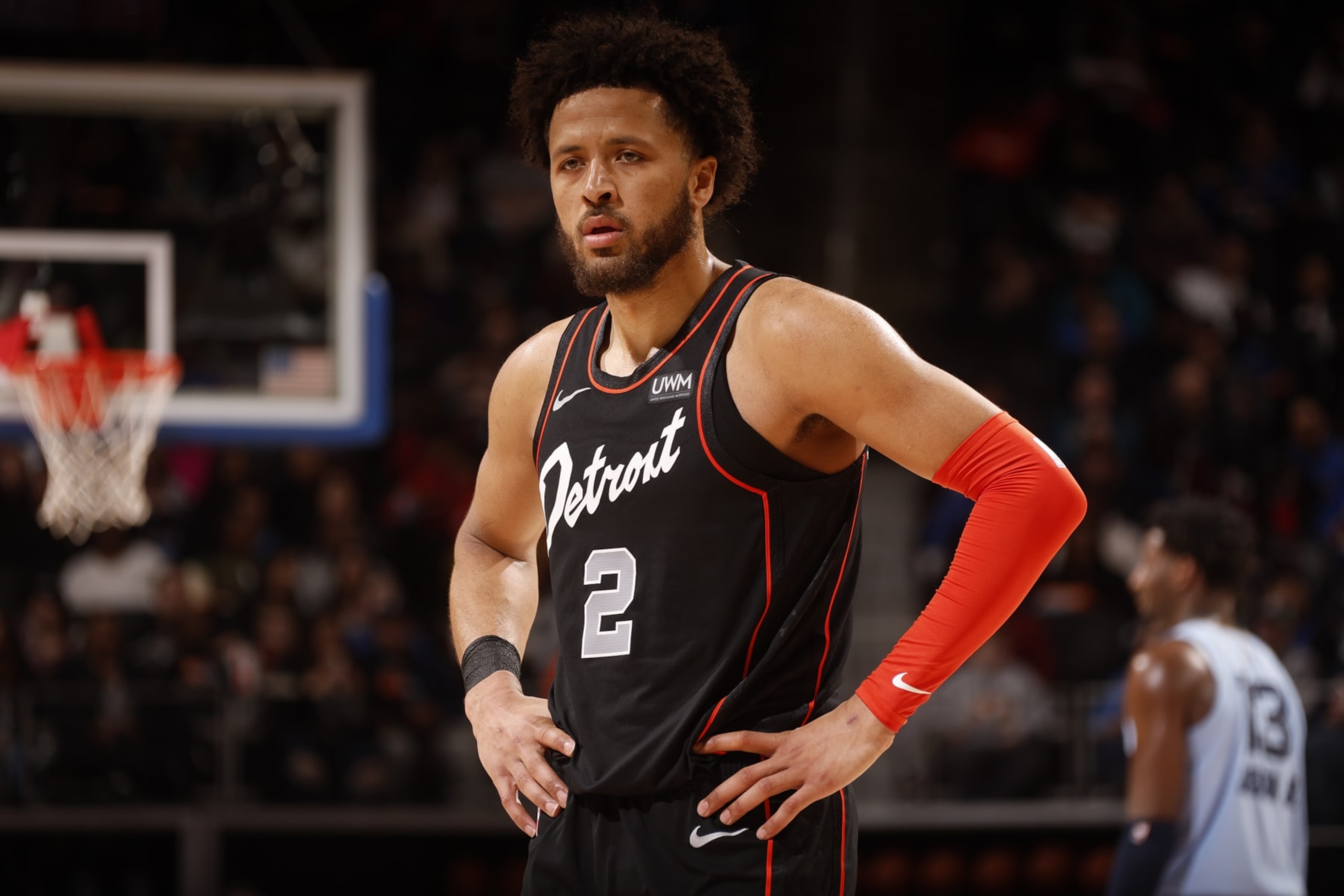 DETROIT, MI - APRIL 1: Cade Cunningham #2 of the Detroit Pistons looks on during the game against the Memphis Grizzlies on April 1, 2024 at Little Caesars Arena in Detroit, Michigan. NOTE TO USER: User expressly acknowledges and agrees that, by downloading and/or using this photograph, User is consenting to the terms and conditions of the Getty Images License Agreement. Mandatory Copyright Notice: Copyright 2024 NBAE (Photo by Brian Sevald/NBAE via Getty Images)