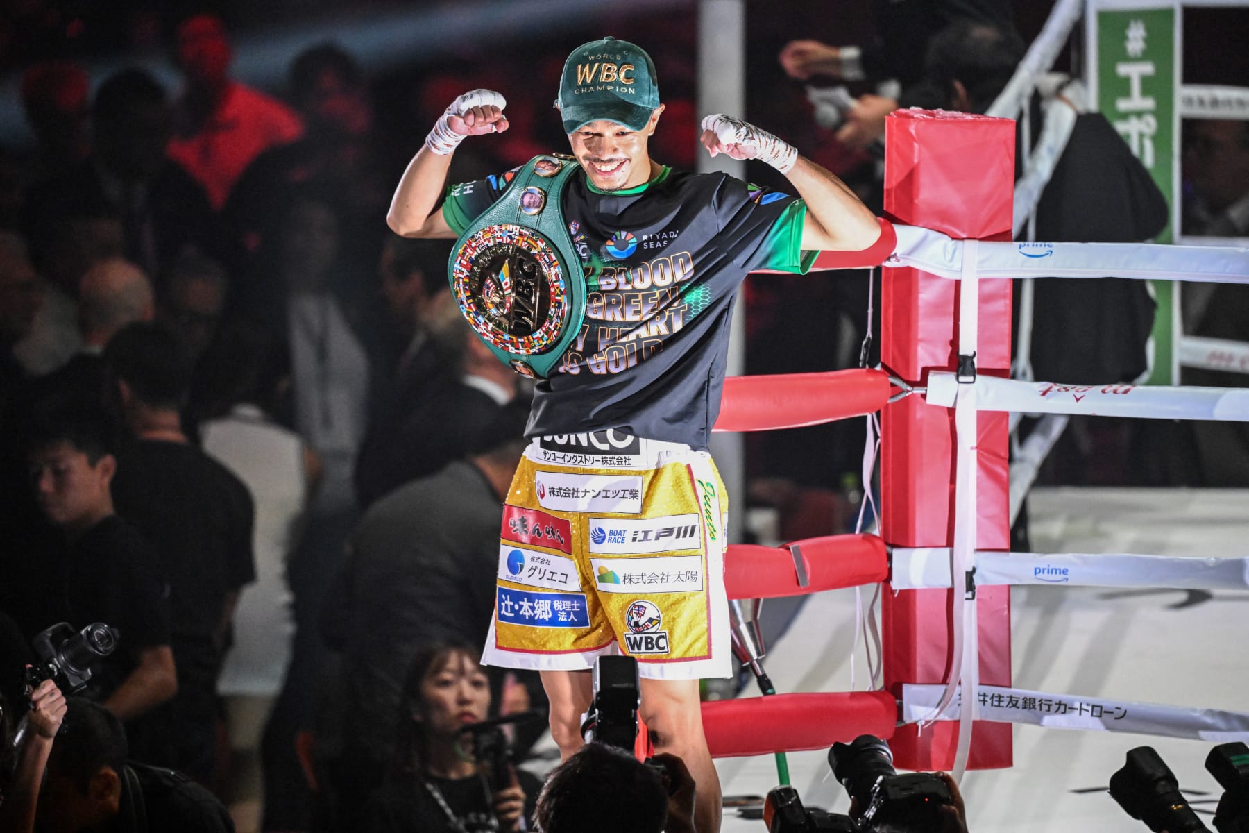 Japan's Junto Nakatani celebrates his victory over Philippines' Vincent Astrolabio in their WBC bantamweight title boxing match at Ryogoku Kokugikan in Tokyo on July 20, 2024. (Photo by Yuichi YAMAZAKI / AFP) (Photo by YUICHI YAMAZAKI/AFP via Getty Images)