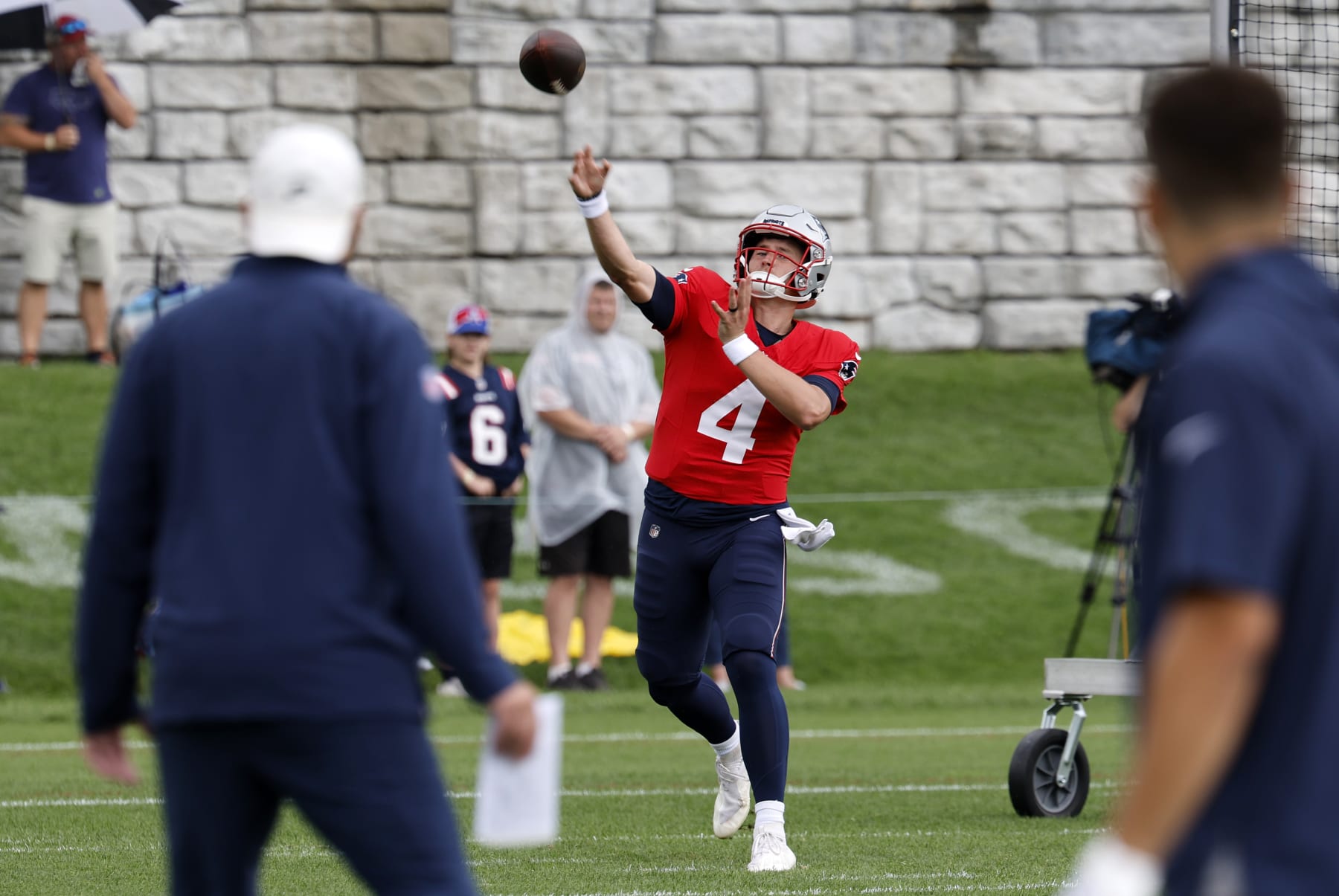 FOXBOROUGH, MA - JULY 29: New England Patriots quarterback Bailey Zappe (4) airs it out during New England Patriots Training Camp on July 29, 2024, at Gillette Stadium in Foxborough, Massachusetts.  (Photo by Fred Kfoury III/Icon Sportswire via Getty Images)