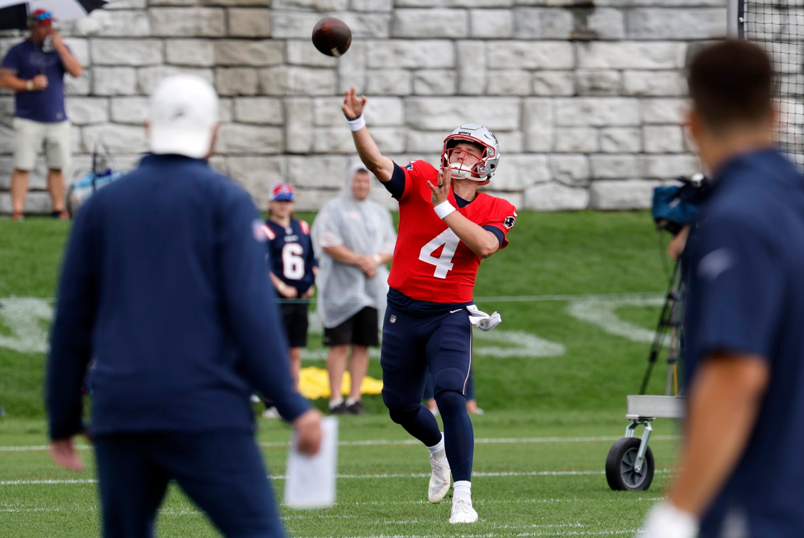 FOXBOROUGH, MA - JULY 29: New England Patriots quarterback Bailey Zappe (4) airs it out during New England Patriots Training Camp on July 29, 2024, at Gillette Stadium in Foxborough, Massachusetts. (Photo by Fred Kfoury III/Icon Sportswire via Getty Images) FOXBOROUGH, MA - JULY 29: New England Patriots quarterback Bailey Zappe (4) airs it out during New England Patriots Training Camp on July 29, 2024, at Gillette Stadium in Foxborough, Massachusetts. (Photo by Fred Kfoury III/Icon Sportswire via Getty Images)