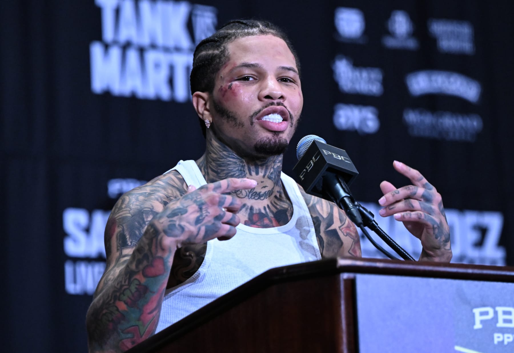 LAS VEGAS, NEVADA - JUNE 15: Gervonta Davis 'Tank' speaks during a press conference after his match against Frank Martin for WBA world lightweight title of the Premiere Boxing Championship on Saturday night at the MGM Grand Garden Arena in Las Vegas, Nevada, United States on June 15, 2024. (Photo by Tayfun Coskun/Anadolu via Getty Images)