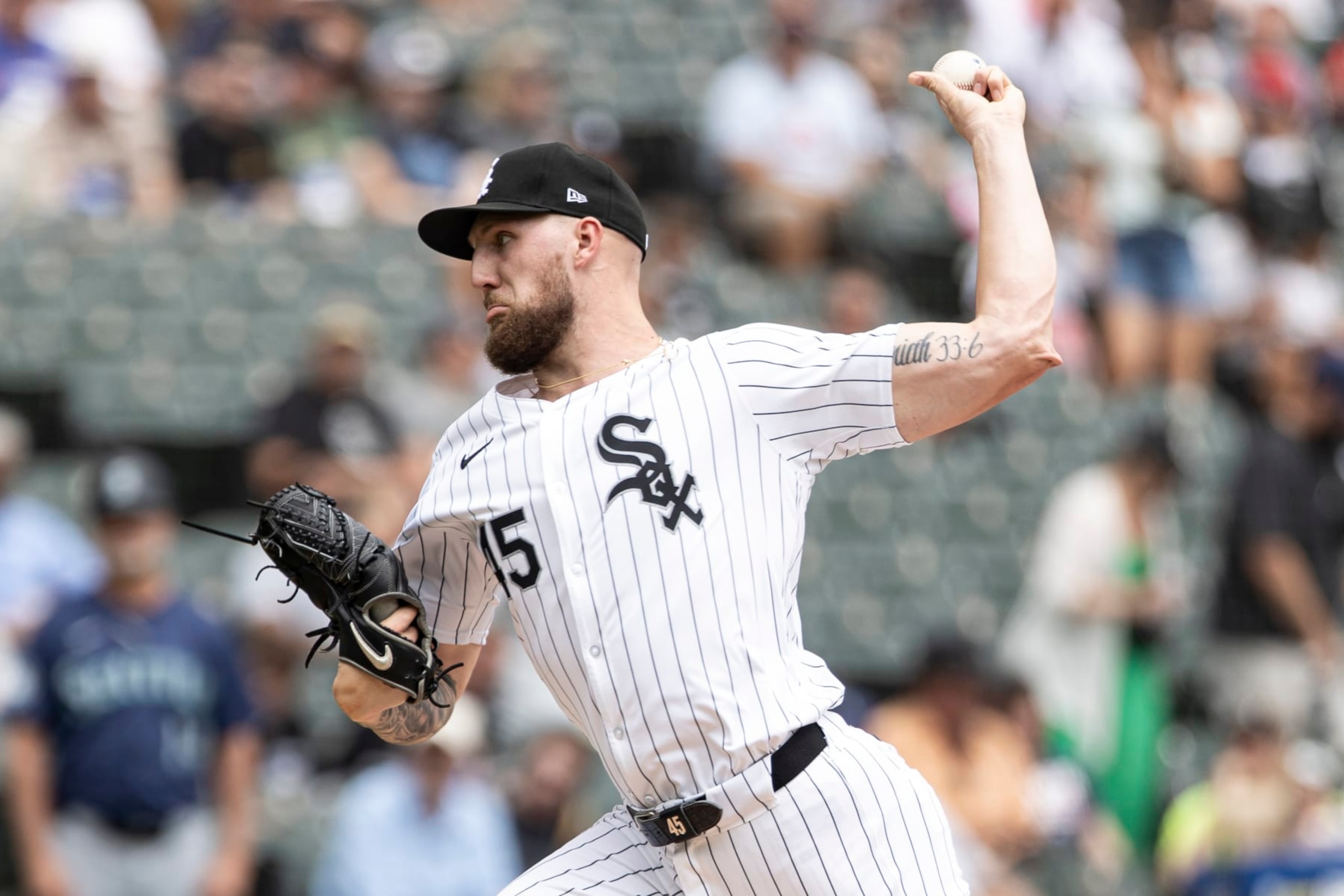 CHICAGO, ILLINOIS - JULY 28: Garrett Crochet #45 of the Chicago White Sox delivers a pitch in the first inning against the Seattle Mariners at Guaranteed Rate Field on July 28, 2024 in Chicago, Illinois. (Photo by Griffin Quinn/Getty Images)