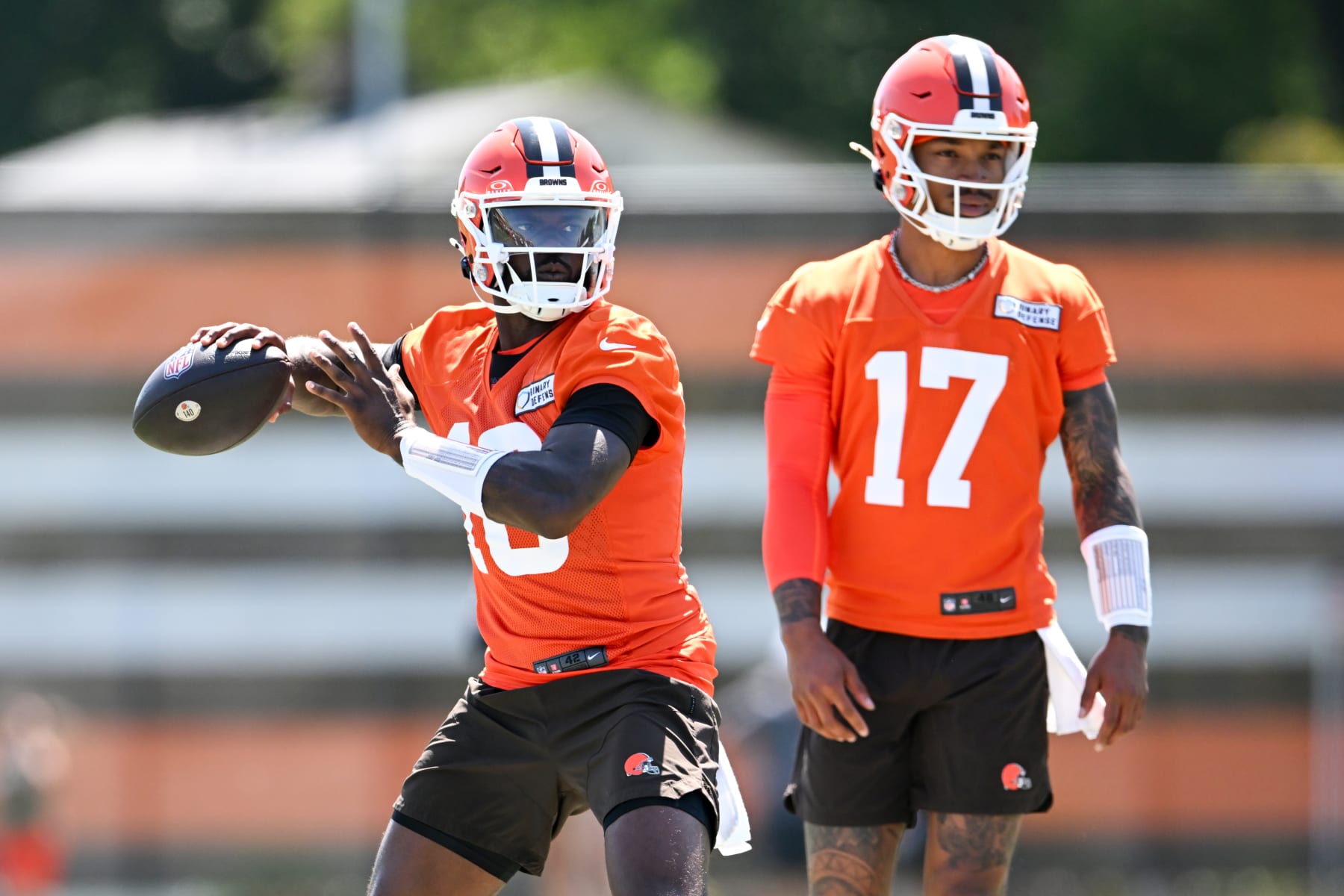 BEREA, OHIO - JUNE 12: Tyler Huntley #10 of the Cleveland Browns throws a pass during a mandatory minicamp workout at their CrossCountry Mortgage Campus on June 12, 2024 in Berea, Ohio. (Photo by Nick Cammett/Getty Images)