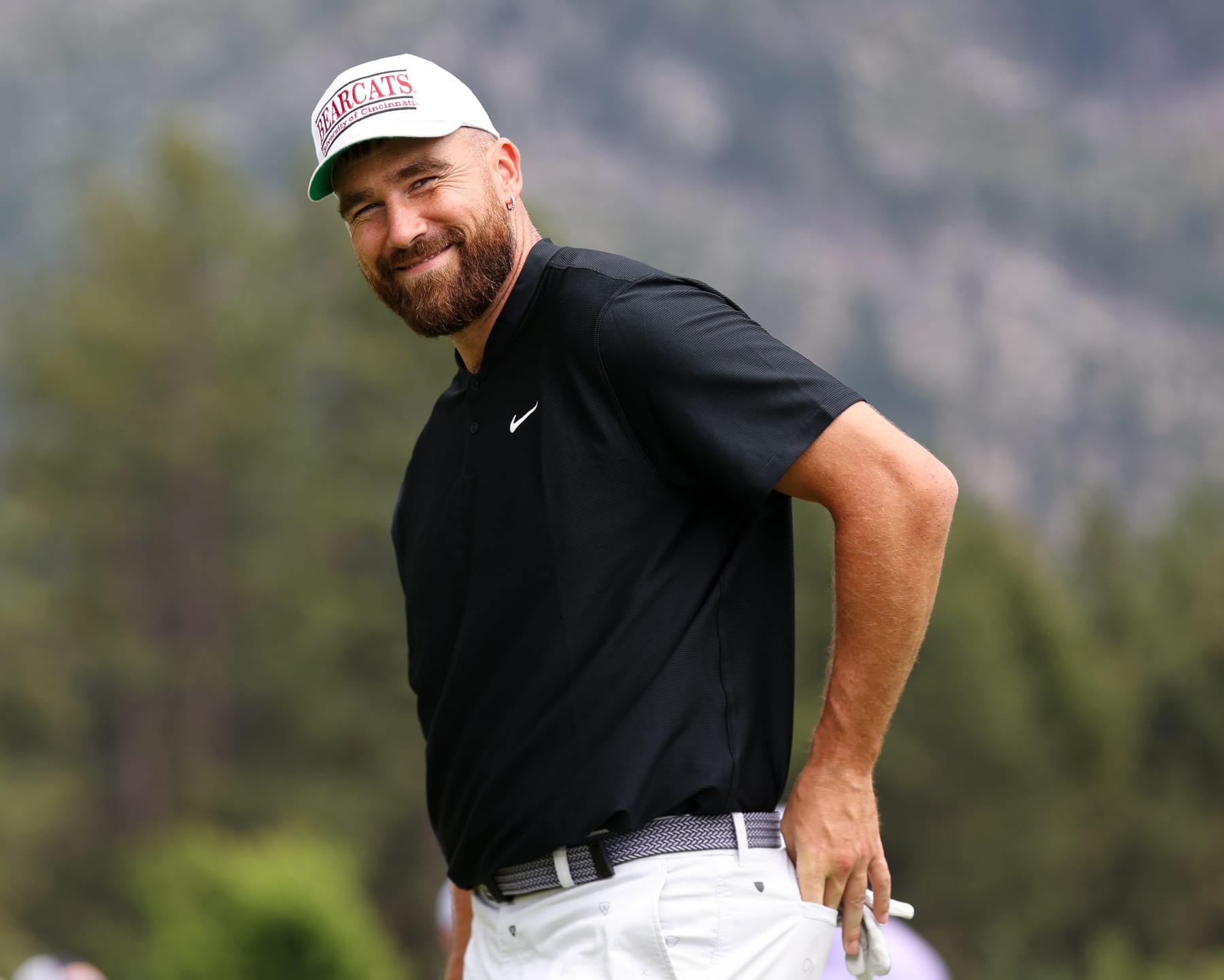 STATELINE, NEVADA - JULY 14: NFL football player Travis Kelce smiles at the 18th hole on day three of the 2024 American Century Championship at Edgewood Tahoe Golf Course on July 14, 2024 in Stateline, Nevada. (Photo by Isaiah Vazquez/Getty Images)
