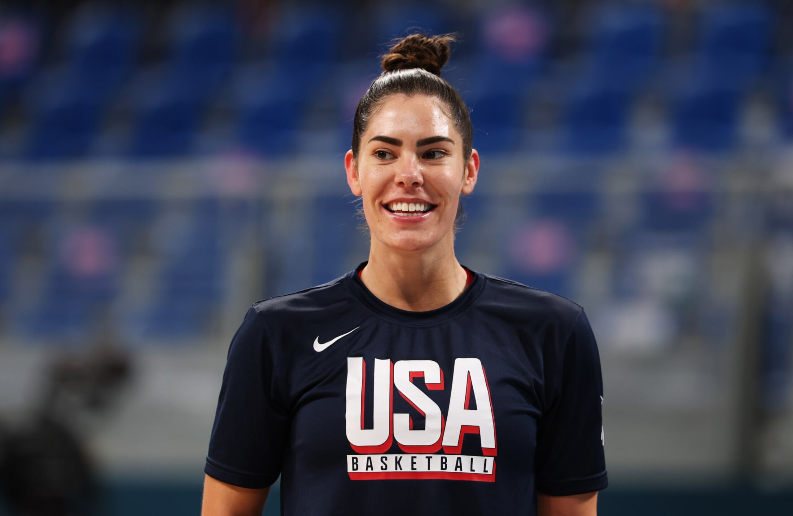 PARIS, FRANCE - JULY 25: Kelsey Plum of Team United States looks on during a Basketball training session at Pierre Mauroy Stadium ahead of the Paris 2024 Olympic Games on July 25, 2024 in Paris, France. (Photo by Gregory Shamus/Getty Images)