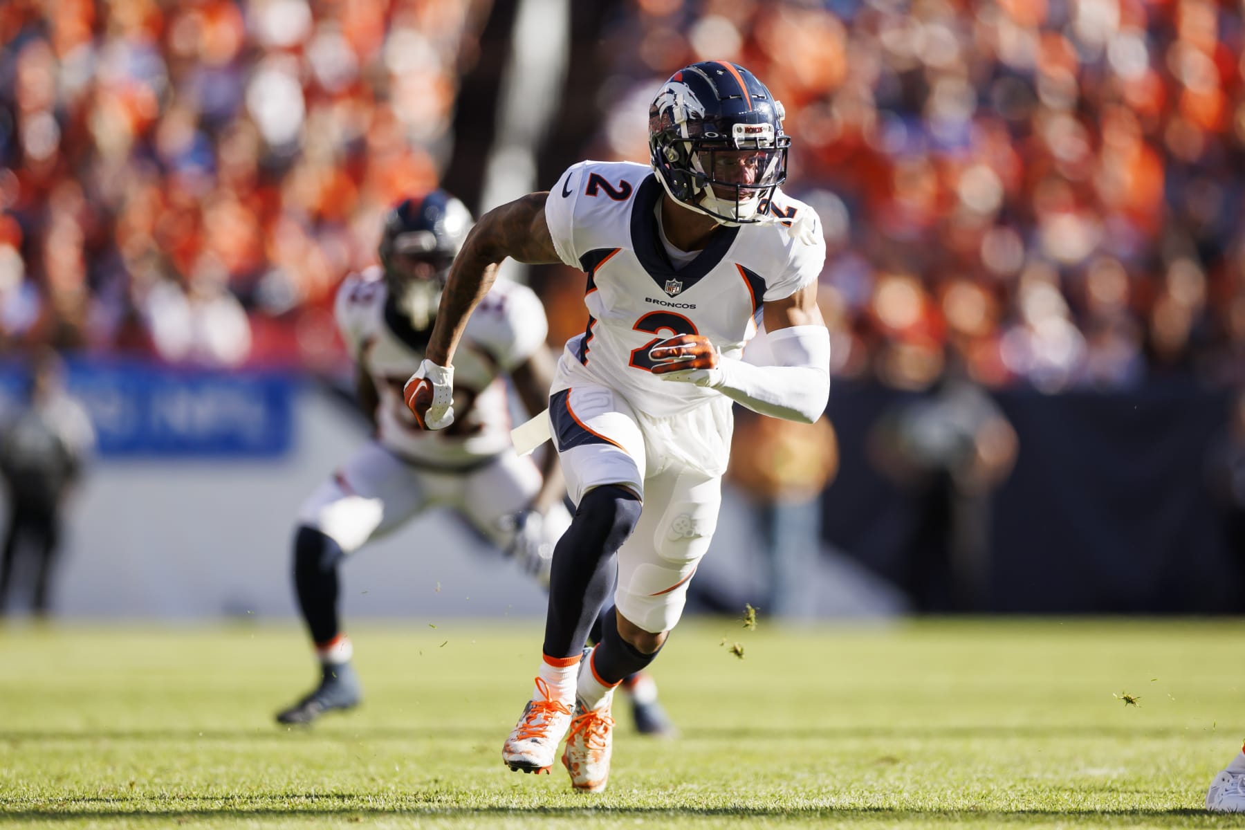 DENVER, COLORADO - SEPTEMBER 17: Pat Surtain II #2 of the Denver Broncos defends in coverage during an NFL football game against the Washington Commanders at Empower Field At Mile High on September 17, 2023 in Denver, Colorado. (Photo by Ryan Kang/Getty Images)