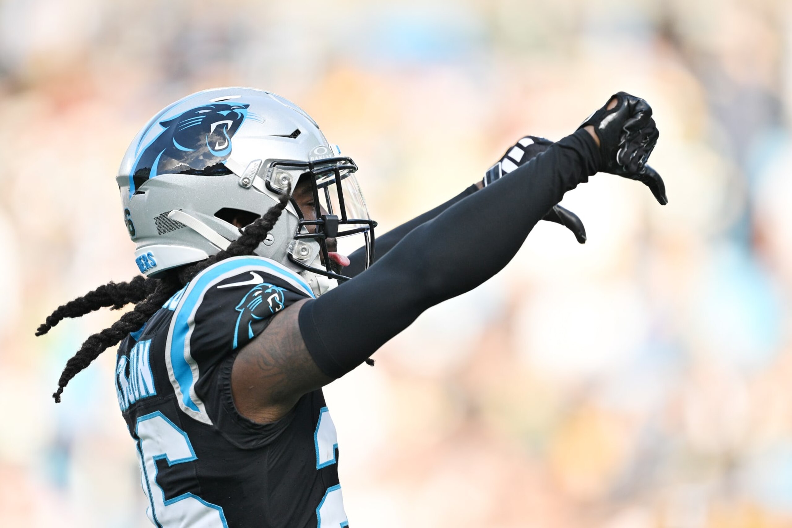 CHARLOTTE, NORTH CAROLINA - DECEMBER 24: Donte Jackson #26 of the Carolina Panthers reacts after breaking up a pass during the fourth quarter against the Green Bay Packers at Bank of America Stadium on December 24, 2023 in Charlotte, North Carolina. (Photo by Grant Halverson/Getty Images)