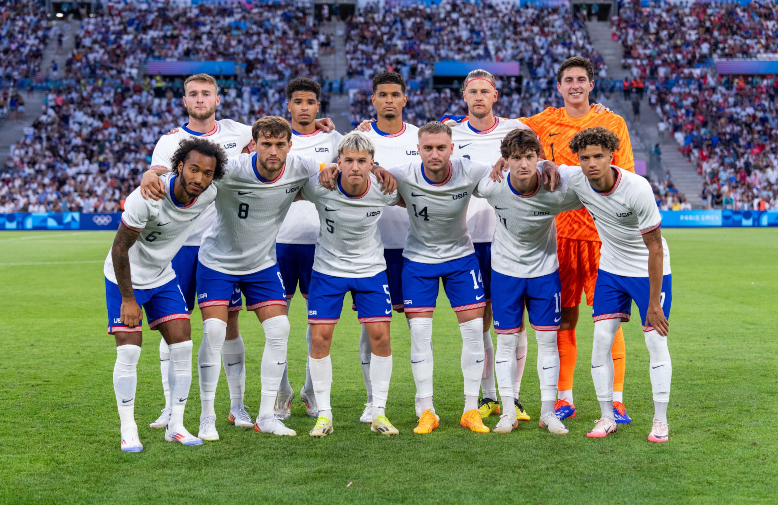 MARSEILLE, FRANCE - JULY 24: The USMNT poses for their starting XI photo before the Men's group A match between France and United States during the Olympic Games Paris 2024 at Stade de Marseille on July 24, 2024 in Marseille, France. (Photo by Brad Smith/ISI/Getty Images).
