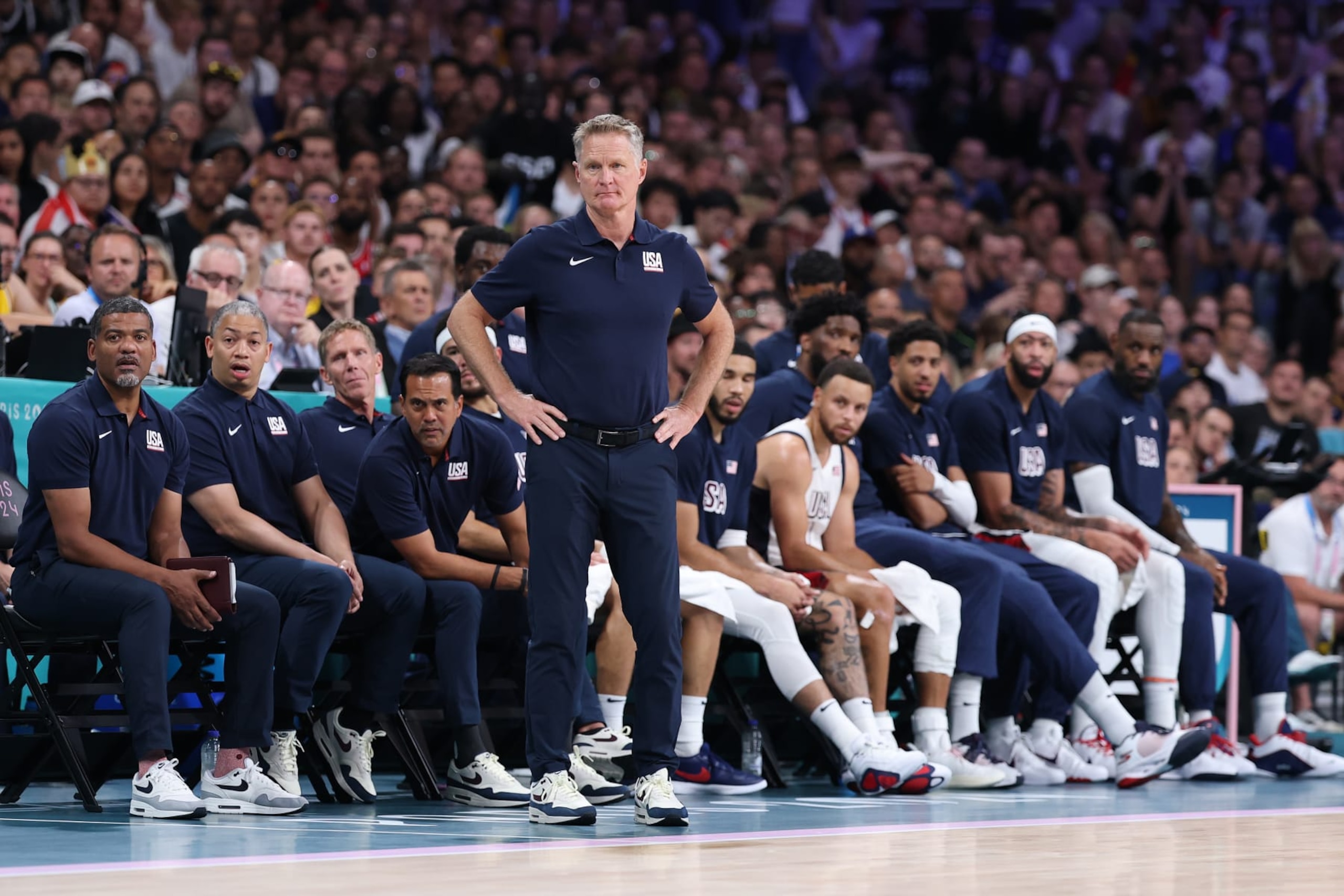 LILLE, FRANCE - JULY 31: Head coach Steve Kerr of Team United States looks on during a Men's Group Phase - Group C game between the United States and South Sudan on day five of the Olympic Games Paris 2024 at Stade Pierre Mauroy on July 31, 2024 in Lille, France. (Photo by Gregory Shamus/Getty Images)