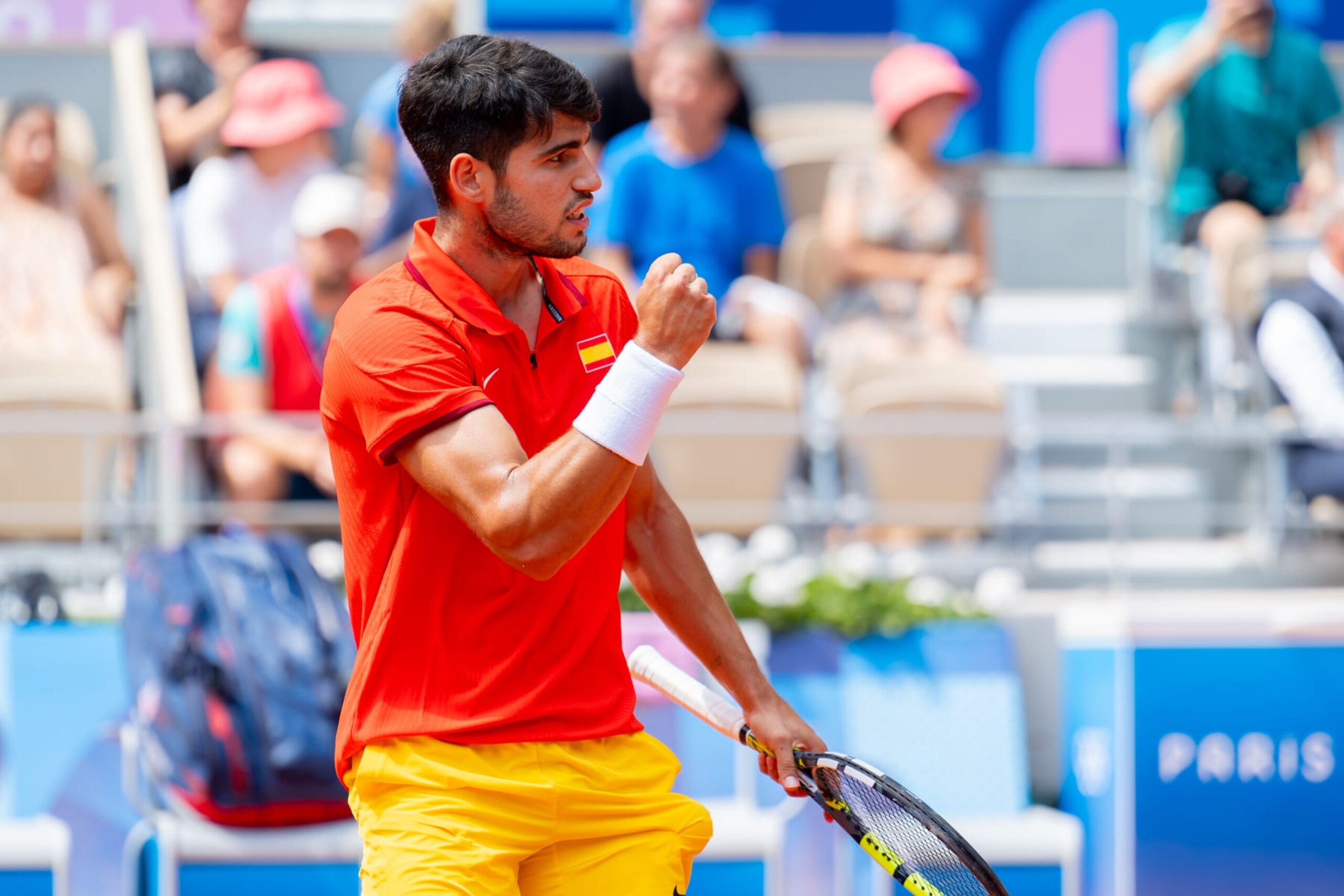 PARIS, FRANCE - AUGUST 1: Carlos Alcaraz of Spain reacts while competing in the Men's Singles Quarter Final during Day 6 of Tennis - Olympic Games Paris 2024 at Roland Garros on August 1, 2024 in Paris, France. (Photo by Joris Verwijst/BSR Agency/Getty Images)
