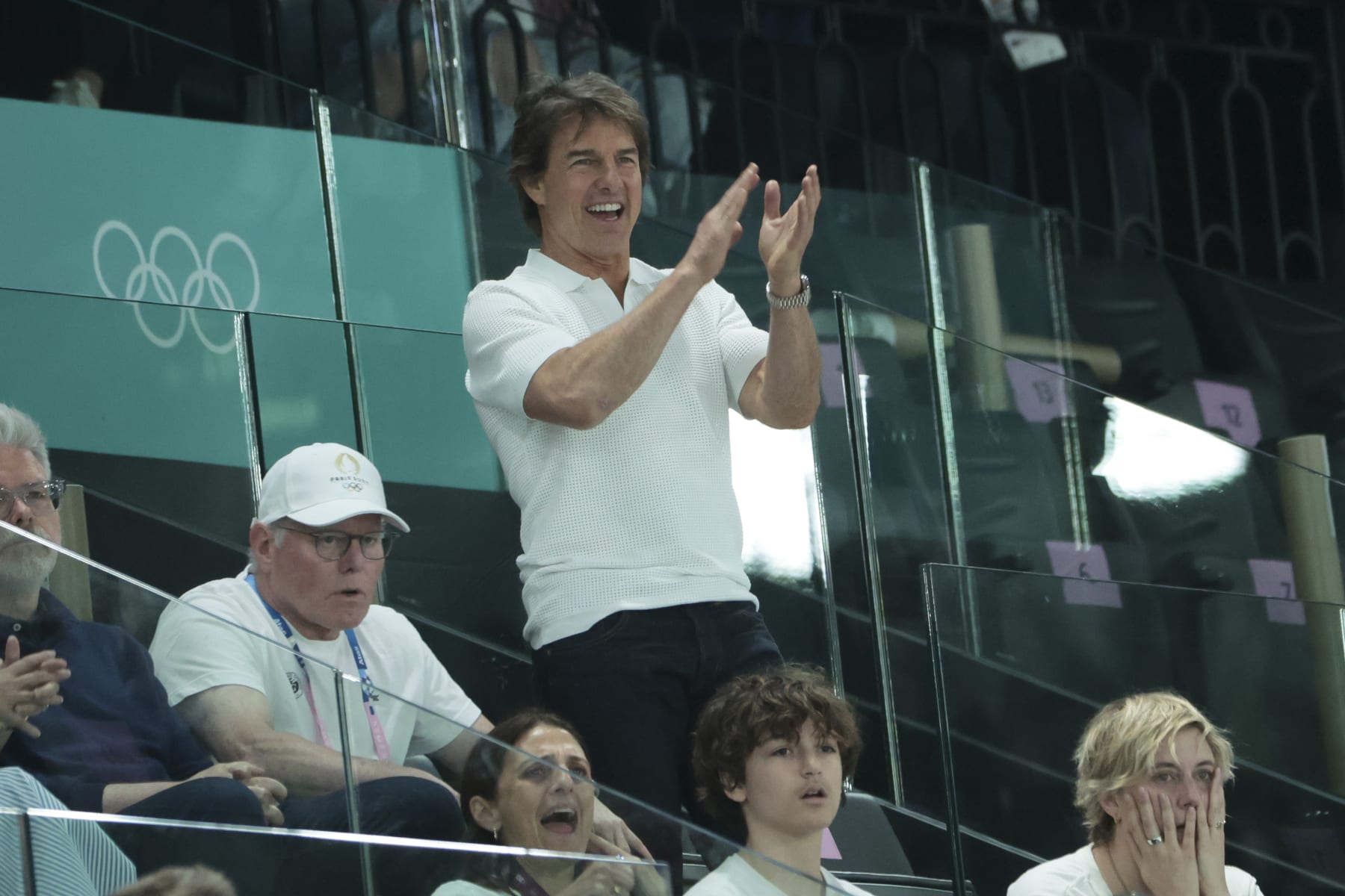 PARIS, FRANCE - JULY 28: Tom Cruise attends day two of the Paris 2024 Olympic Games at the artistic gymnastics event with Simone Biles of USA at Paris Arena on July 28, 2024 in Paris, France. (Photo by Jean Catuffe/Getty Images)