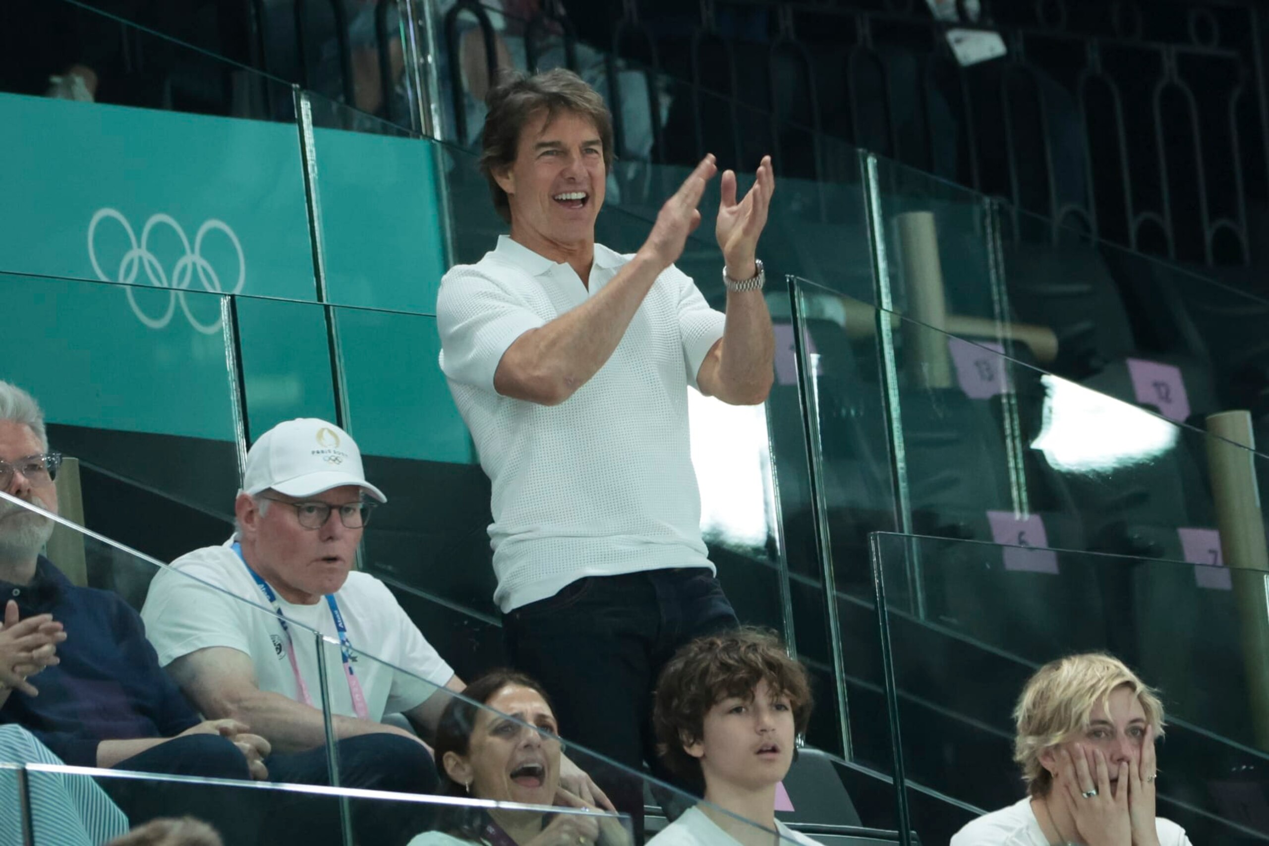 PARIS, FRANCE - JULY 28: Tom Cruise attends day two of the Paris 2024 Olympic Games at the artistic gymnastics event with Simone Biles of USA at Paris Arena on July 28, 2024 in Paris, France. (Photo by Jean Catuffe/Getty Images)
