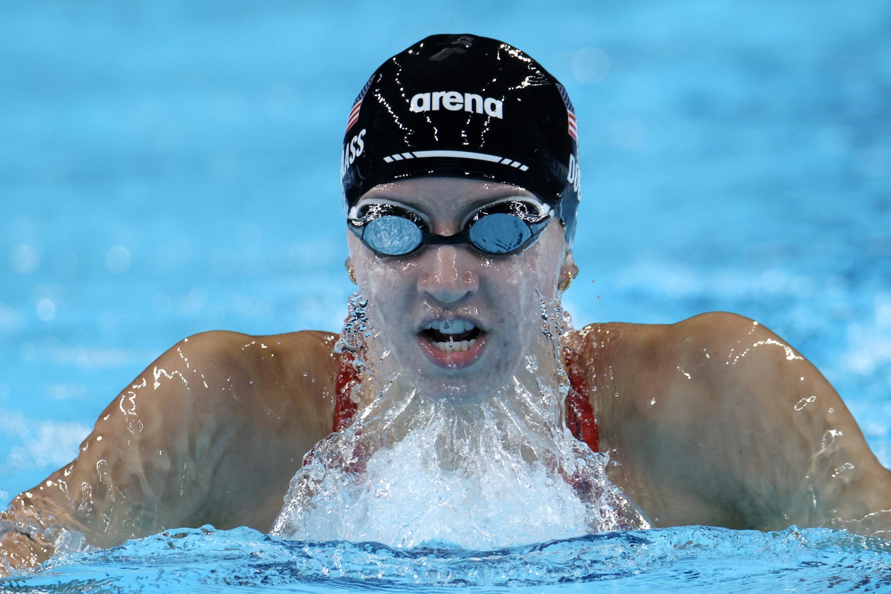 NANTERRE, FRANCE - AUGUST 01: Kate Douglass of Team United States competes in the Women's 200m Breaststroke Final on day six of the Olympic Games Paris 2024 at Paris La Defense Arena on August 01, 2024 in Nanterre, France. (Photo by Adam Pretty/Getty Images)