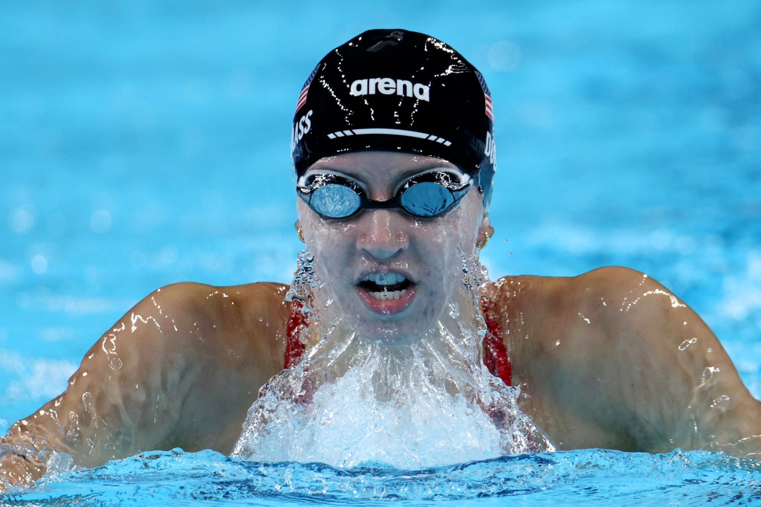 NANTERRE, FRANCE - AUGUST 01: Kate Douglass of Team United States competes in the Women's 200m Breaststroke Final on day six of the Olympic Games Paris 2024 at Paris La Defense Arena on August 01, 2024 in Nanterre, France. (Photo by Adam Pretty/Getty Images)