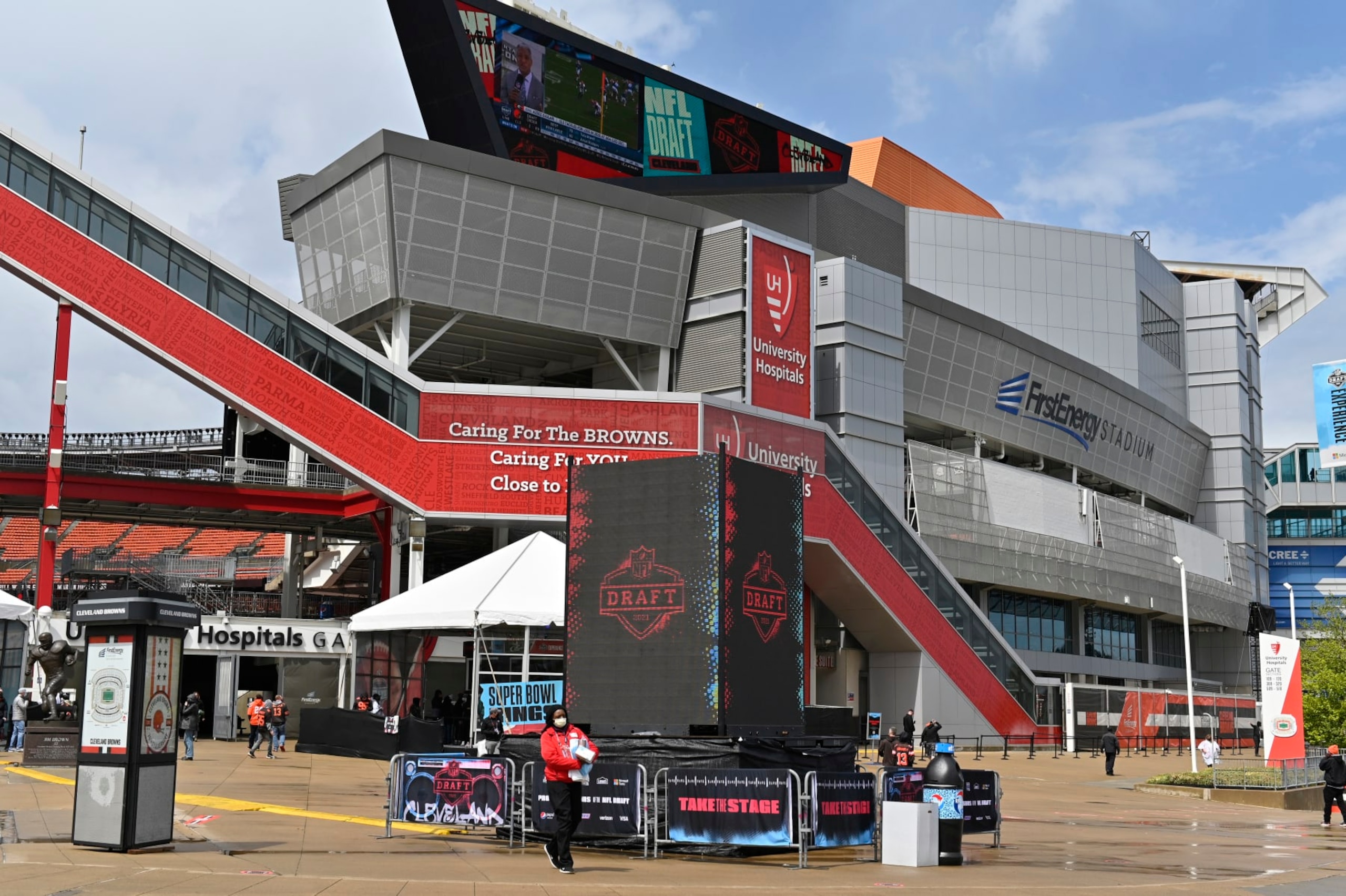 CLEVELAND, OHIO - APRIL 30: A digital display for the NFL Draft sits outside FirstEnergy Stadium at the NFL Draft Experience on April 30, 2021 in Cleveland, Ohio. (Photo by Duane Prokop/Getty Images)