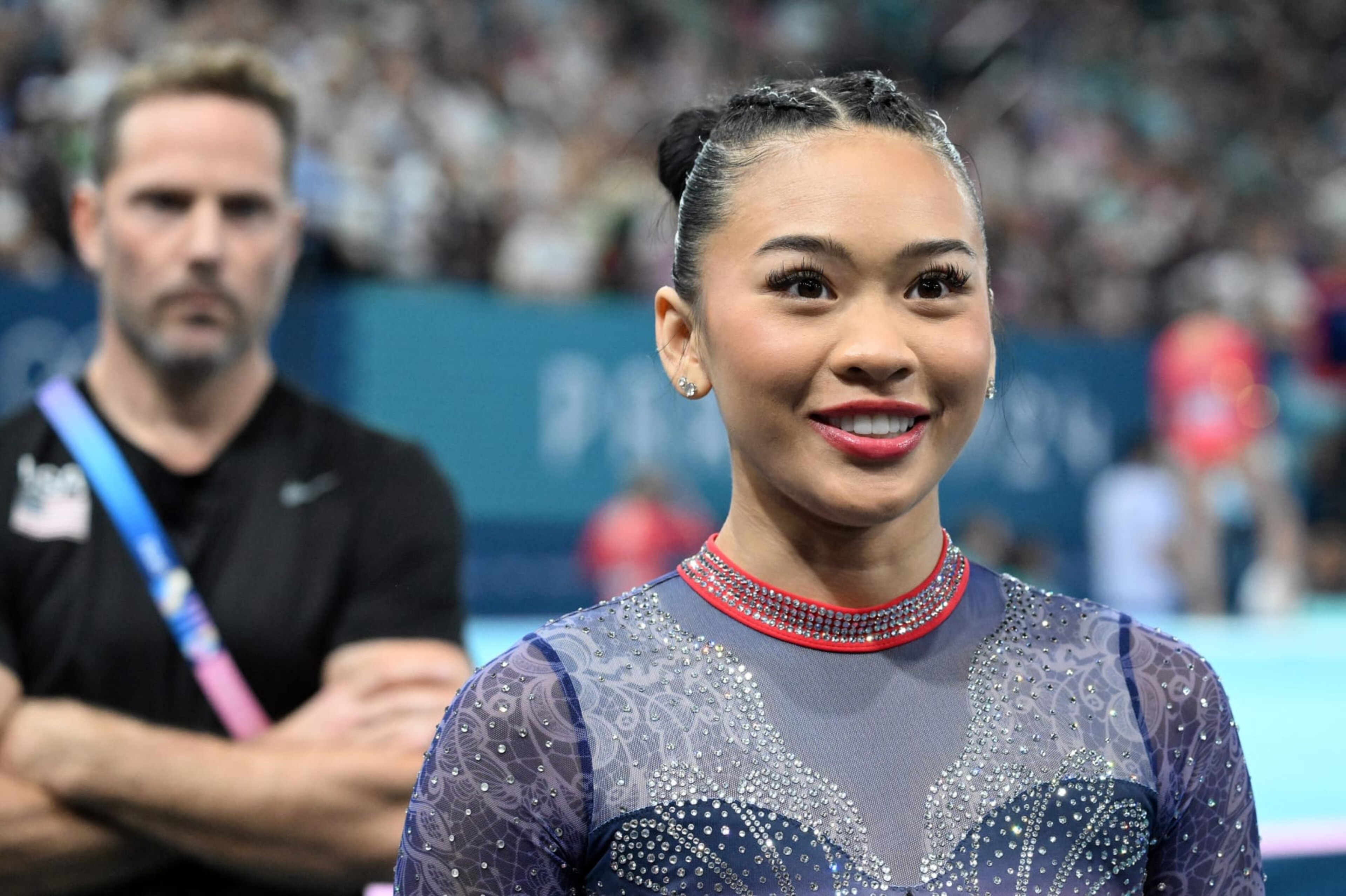 USA's Sunisa Lee reacts after performing on the uneven bars during the Women's All-Around Artistic Gymnastics championship during the 2024 Paris Summer Olympics, at the Bercy Arena in Paris, France, August 1, 2024. (Photo by Anthony Behar/Sipa USA) (Photo by Anthony Behar / BELGA MAG / Belga via AFP) (Photo by ANTHONY BEHAR/BELGA MAG/AFP via Getty Images) USA's Sunisa Lee reacts after performing on the uneven bars during the Women's All-Around Artistic Gymnastics championship during the 2024 Paris Summer Olympics, at the Bercy Arena in Paris, France, August 1, 2024. (Photo by Anthony Behar/Sipa USA) (Photo by Anthony Behar / BELGA MAG / Belga via AFP) (Photo by ANTHONY BEHAR/BELGA MAG/AFP via Getty Images)