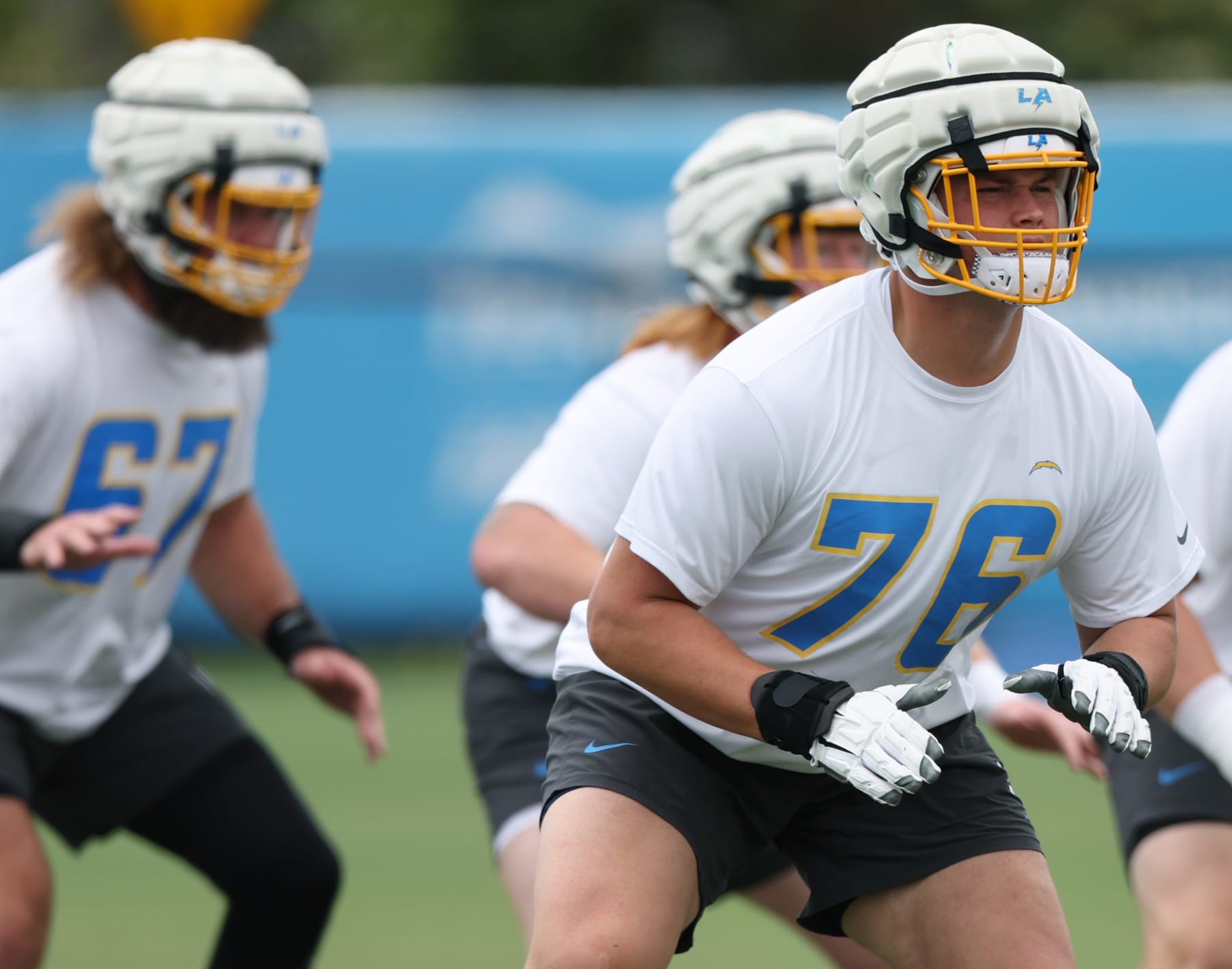COSTA MESA, CALIFORNIA - MAY 20: Joe Alt #76 runs a drill during a Los Angeles Chargers OTA offseason workout on May 20, 2024 in Costa Mesa, California. (Photo by Harry How/Getty Images)