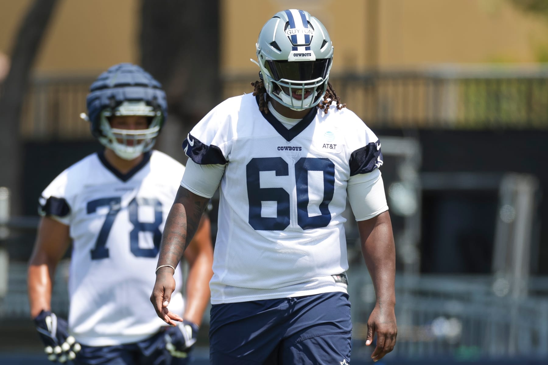 OXNARD, CA - JULY 25: Dallas Cowboys offensive tackle Tyler Guyton (60) participates in a drill during the team's training camp at River Ridge Playing Fields on July 25, 2024 in Oxnard, CA. (Photo by Brandon Sloter/Icon Sportswire via Getty Images)