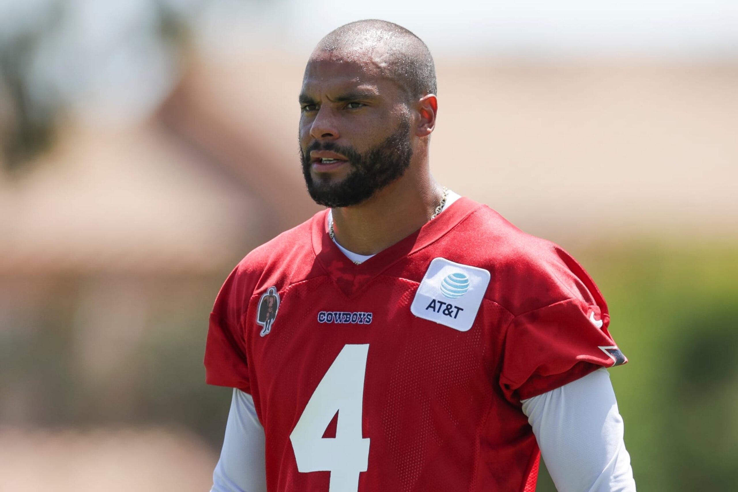 OXNARD, CA - JULY 25: Dallas Cowboys quarterback Dak Prescott (4) walks on the field during the team's training camp at River Ridge Playing Fields on July 25, 2024 in Oxnard, CA. (Photo by Brandon Sloter/Icon Sportswire via Getty Images)