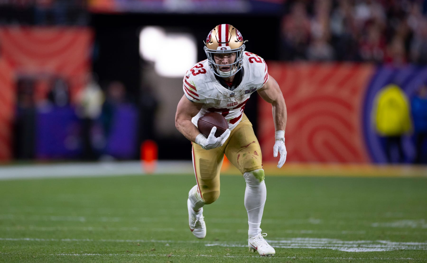 LAS VEGAS, NV - FEBRUARY 11: Christian McCaffrey #23 of the San Francisco 49ers heads to the end zone on a 21-yard touchdown catch during Super Bowl LVIII against the Kansas City Chiefs at Allegiant Stadium on February 11, 2024 in Las Vegas, Nevada. The Chiefs defeated the 49ers 25-22. (Photo by Michael Zagaris/San Francisco 49ers/Getty Images)