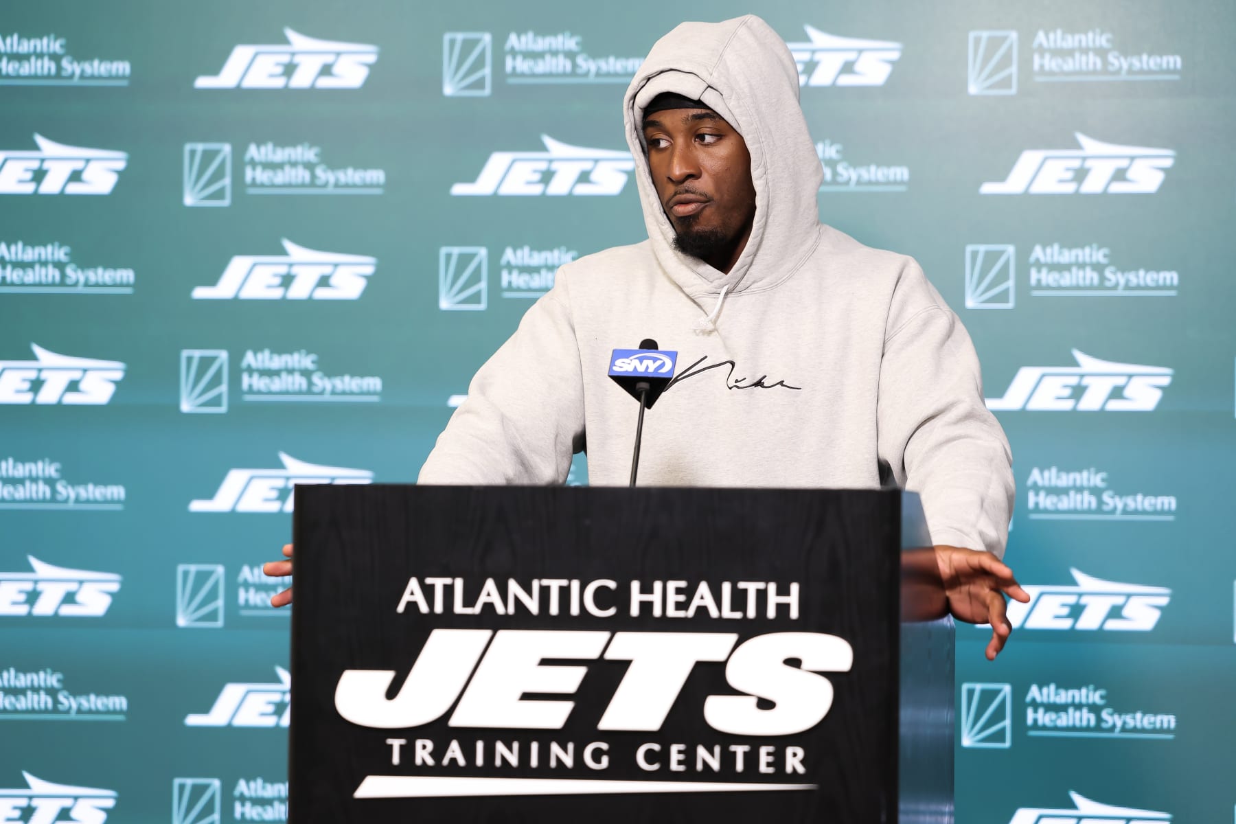 FLORHAM PARK, NEW JERSEY - JUNE 11: Breece Hall #20 of the New York Jets speaks to the media during New York Jets Mandatory Minicamp at Atlantic Health Jets Training Center on June 11, 2024 in Florham Park, New Jersey.  (Photo by Luke Hales/Getty Images)
