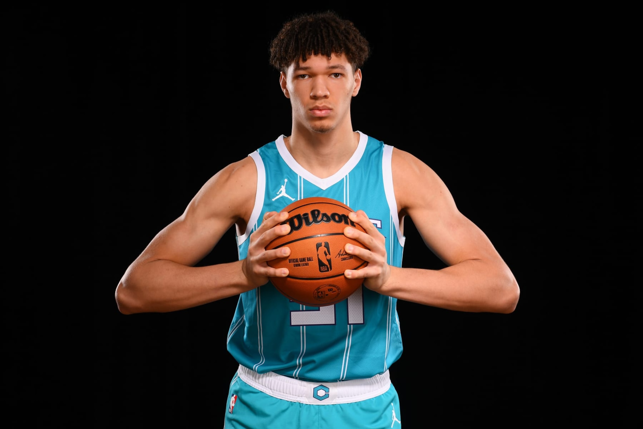 LAS VEGAS, NV - JULY 16: Tidjane Salaun #31 of the Charlotte Hornets poses for a portrait during the 2024 NBA Rookie Photo Shoot on July 16, 2024 at the University of Nevada, Las Vegas campus in Las Vegas, Nevada. NOTE TO USER: User expressly acknowledges and agrees that, by downloading and/or using this Photograph, user is consenting to the terms and conditions of the Getty Images License Agreement. Mandatory Copyright Notice: Copyright 2024 NBAE (Photo by Brian Babineau/NBAE via Getty Images)