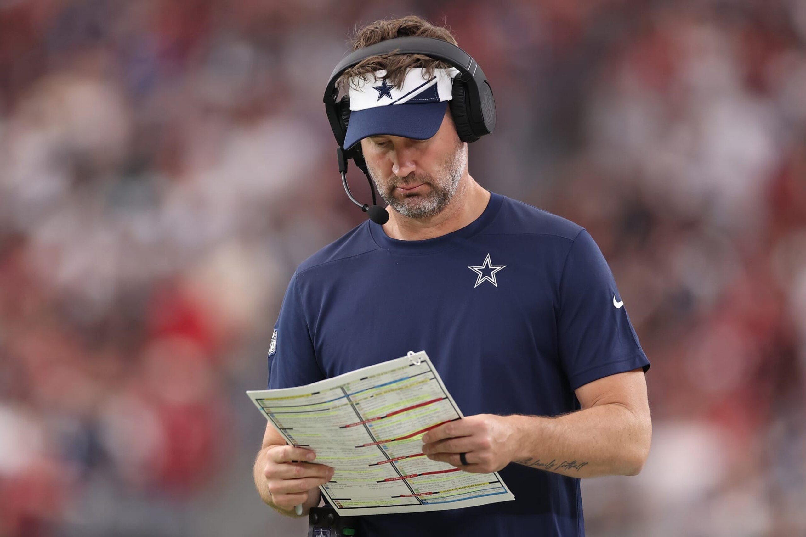 GLENDALE, ARIZONA - SEPTEMBER 24: Offensive coordinator Brian Schottenheimer of the Dallas Cowboys during the NFL game against the Arizona Cardinals at State Farm Stadium on September 24, 2023 in Glendale, Arizona.  The Cardinals defeated the Cowboys 28-16.  (Photo by Christian Petersen/Getty Images)