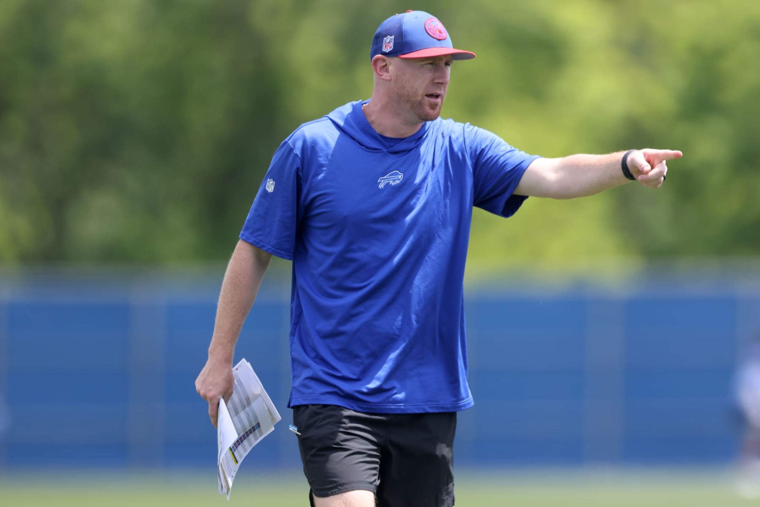 ORCHARD PARK, NEW YORK - JUNE 12: Offensive Coordinator Joe Brady of the Buffalo Bills during the Buffalo Bills mandatory minicamp on June 12, 2024 in Orchard Park, New York. (Photo by Bryan Bennett/Getty Images)