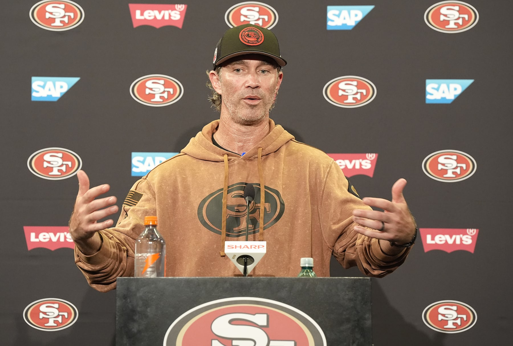 SANTA CLARA, CALIFORNIA - JUNE 05: Nick Sorensen defensive coordinator of the San Francisco 49ers speaks to the media during a press conference at mini camp on June 05, 2024 in Santa Clara, California. (Photo by Thearon W. Henderson/Getty Images)