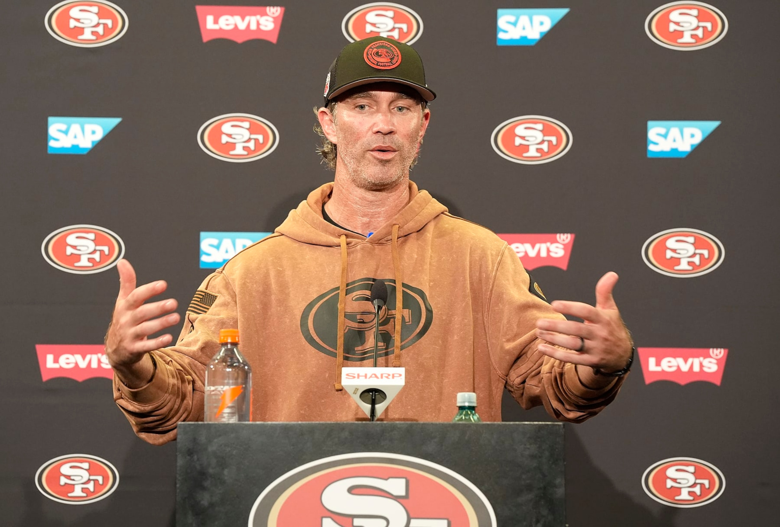 SANTA CLARA, CALIFORNIA - JUNE 05: Nick Sorensen defensive coordinator of the San Francisco 49ers speaks to the media during a press conference at mini camp on June 05, 2024 in Santa Clara, California. (Photo by Thearon W. Henderson/Getty Images)