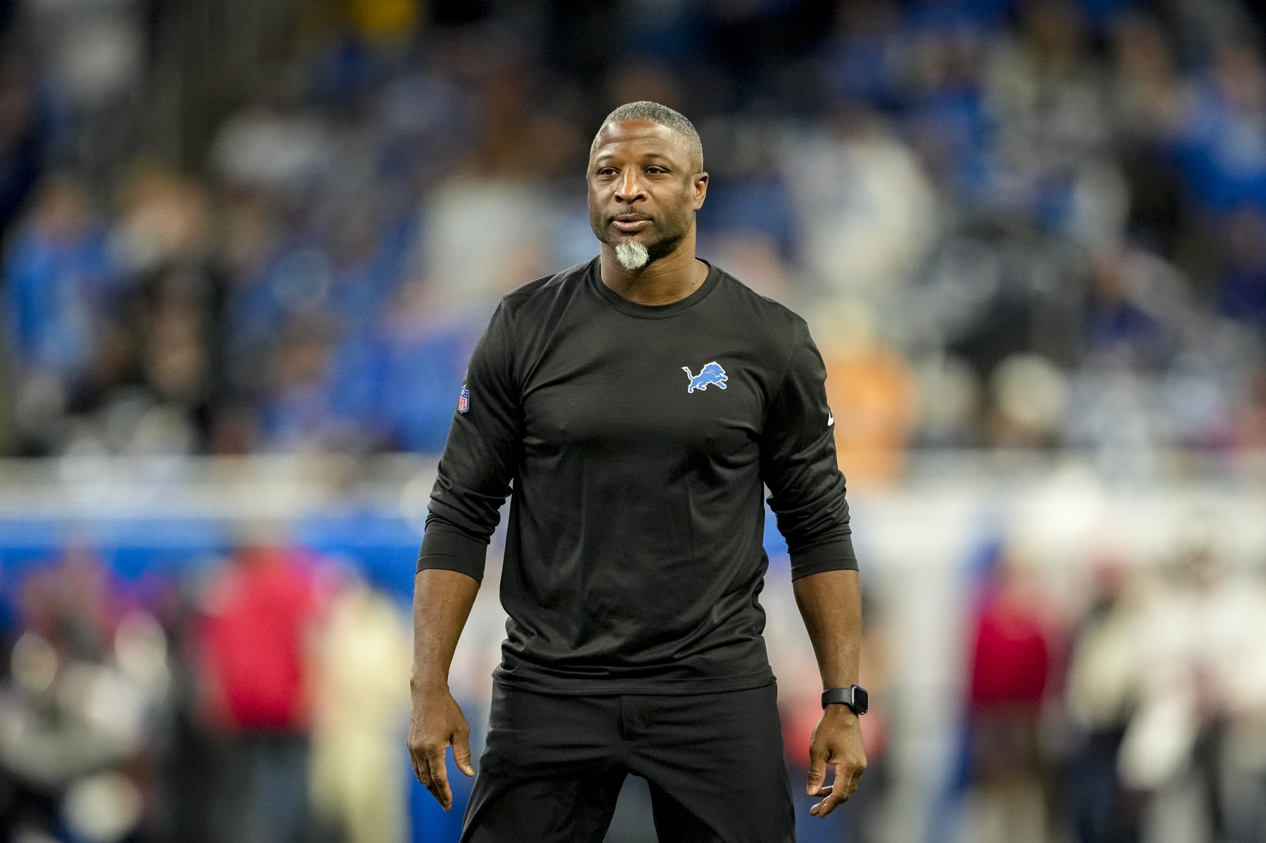 DETROIT, MICHIGAN - JANUARY 21: Defensive coordinator Aaron Glenn of the Detroit Lions looks on against the Tampa Bay Buccaneers at Ford Field on January 21, 2024 in Detroit, Michigan. (Photo by Nic Antaya/Getty Images)